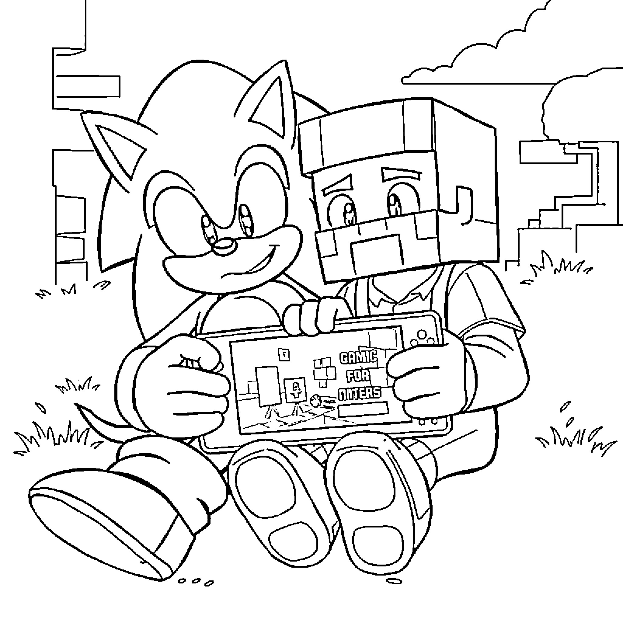 Sonic and Buddy Exploring Digital Adventure Coloring Page (free black-and-white line drawing printable PDF for all, from beginners to advanced learners, including children, teens, adults, and seniors)
