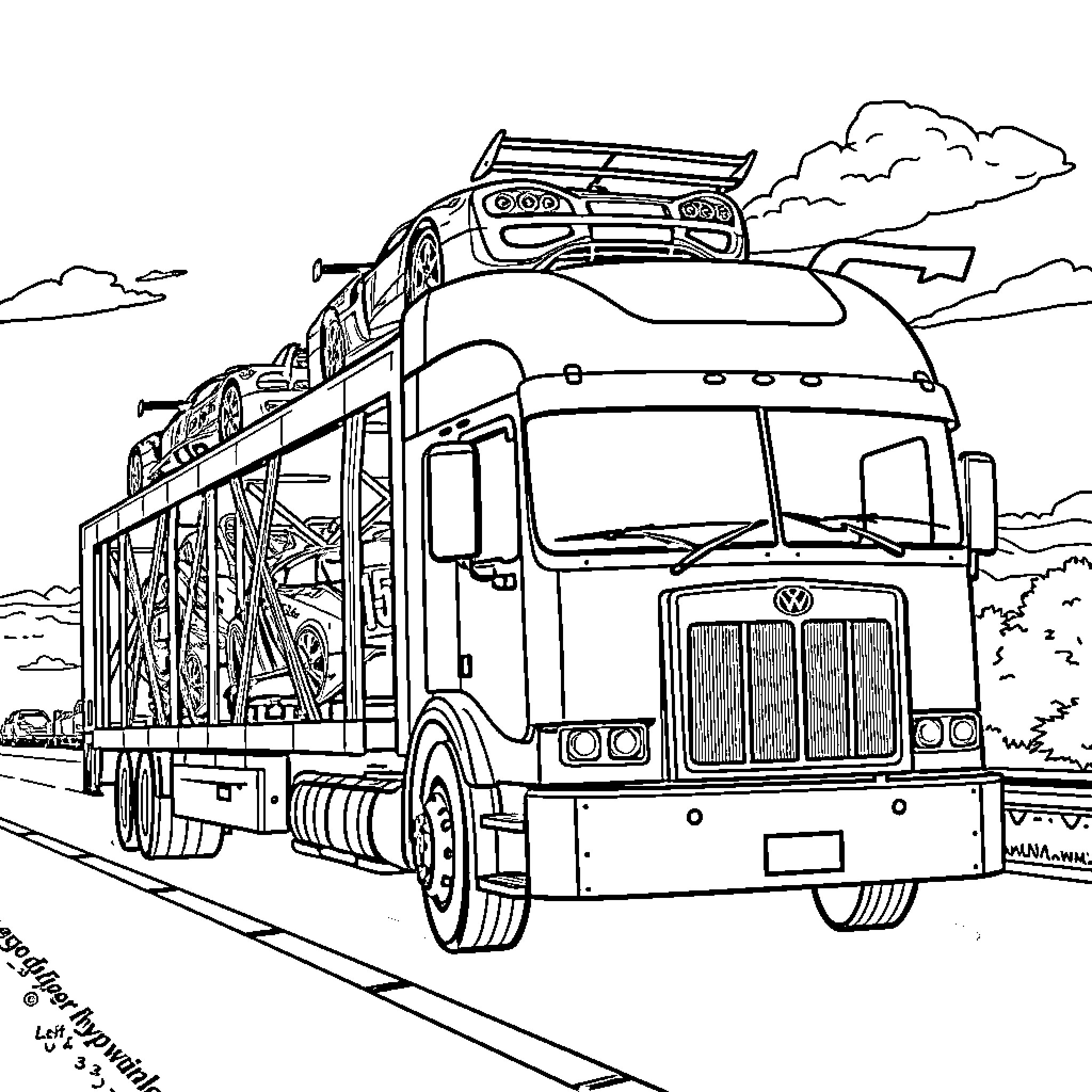 Truck transporting construction materials on the road Coloring Page (free black-and-white line drawing printable PDF for all, from beginners to advanced learners, including children, teens, adults, and seniors)