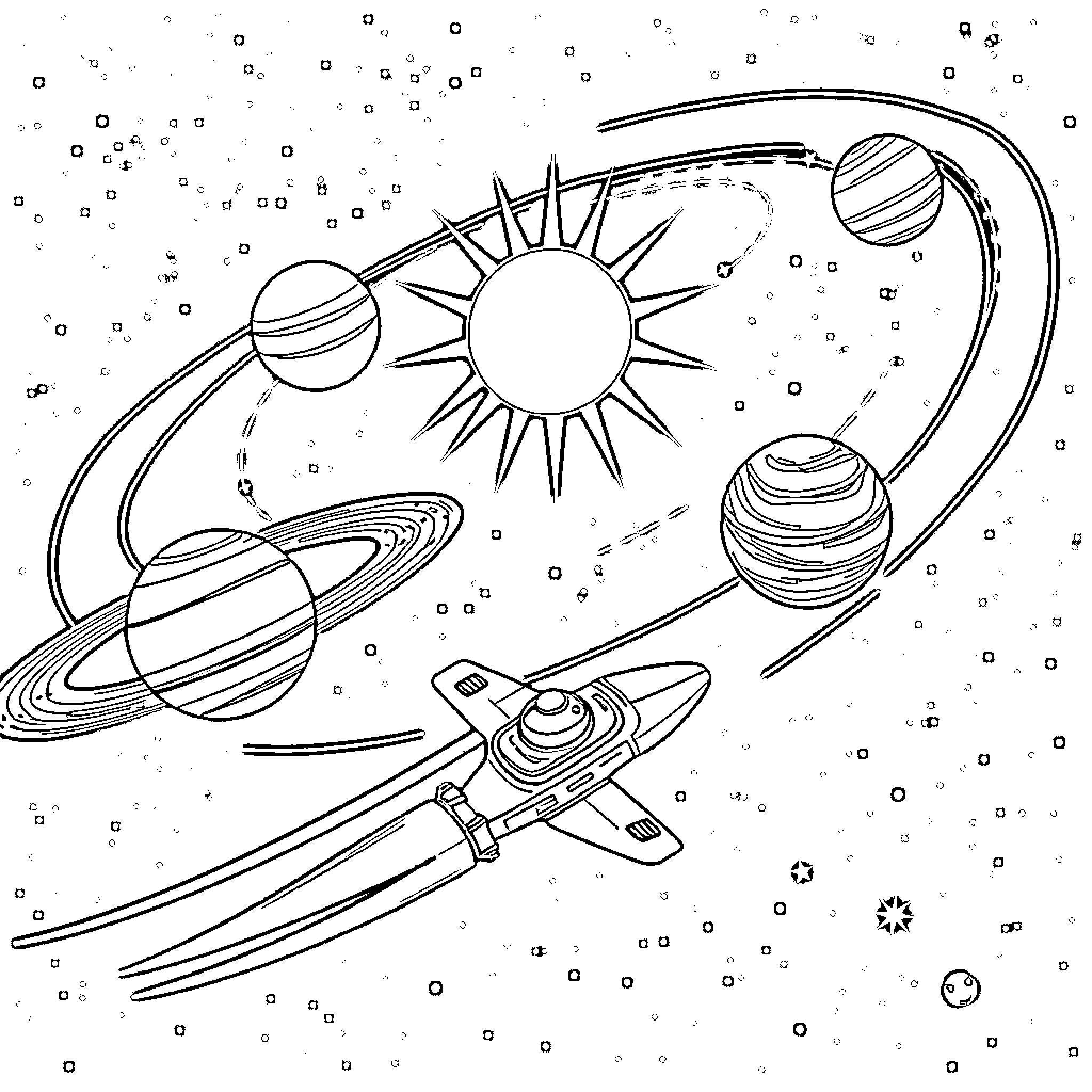 Planet Exploration in the Cosmic Voyage Coloring Page (free black-and-white line drawing printable PDF for all, from beginners to advanced learners, including children, teens, adults, and seniors)