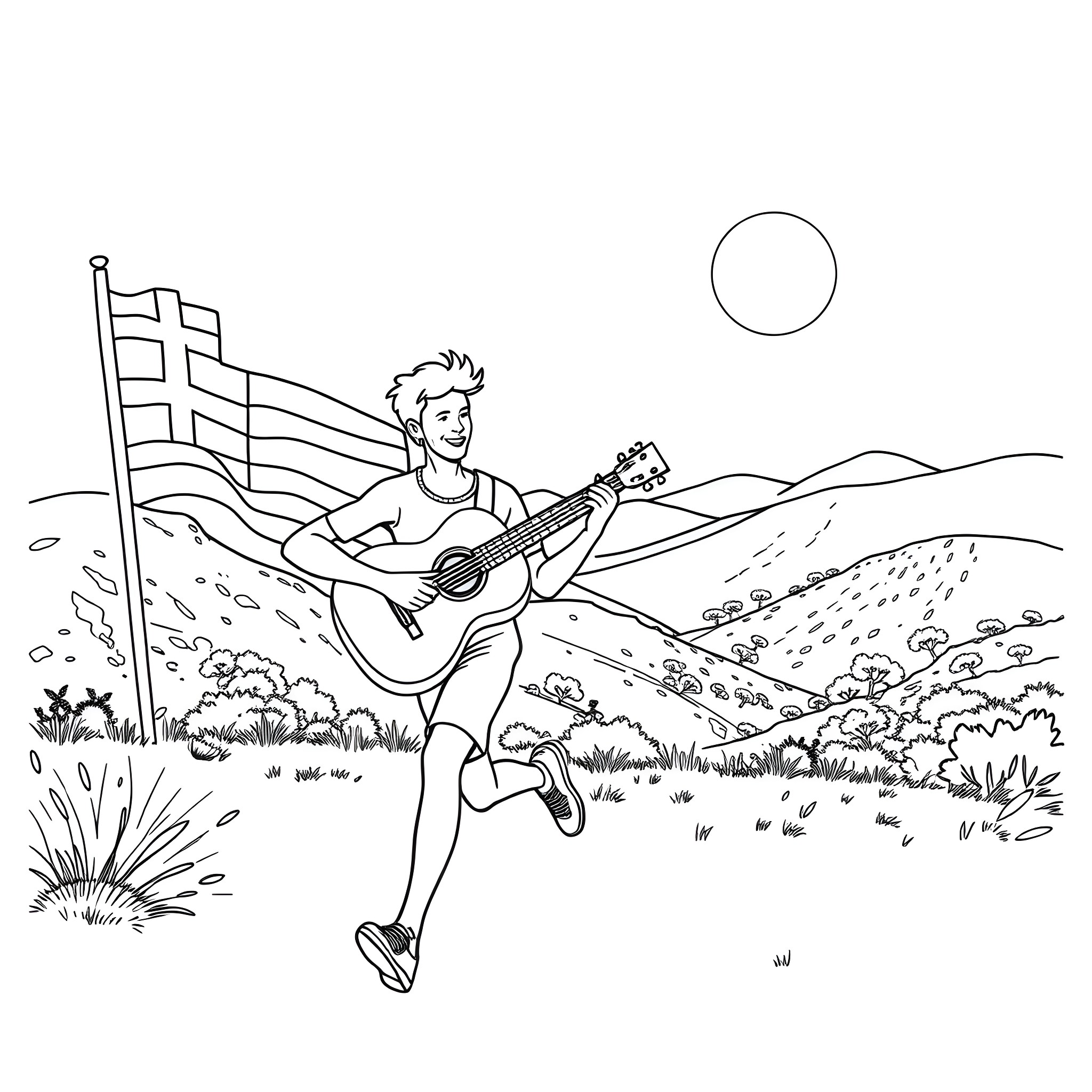 Runner with guitar in serene landscape Coloring Page (free black-and-white line drawing printable PDF for all, from beginners to advanced learners, including children, teens, adults, and seniors)