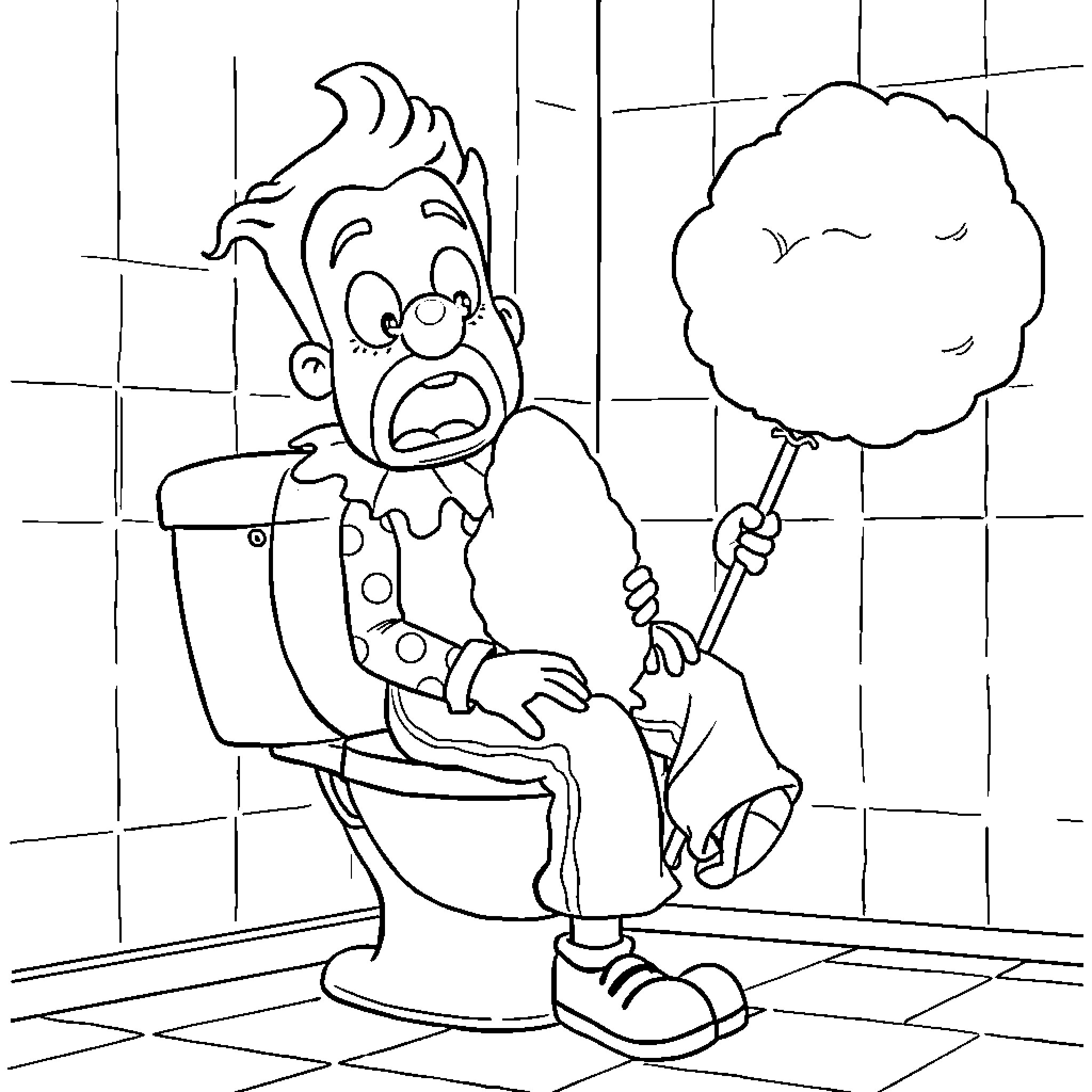 Drake's Amusing Bathroom Mishap Coloring Page (free black-and-white line drawing printable PDF for all, from beginners to advanced learners, including children, teens, adults, and seniors)