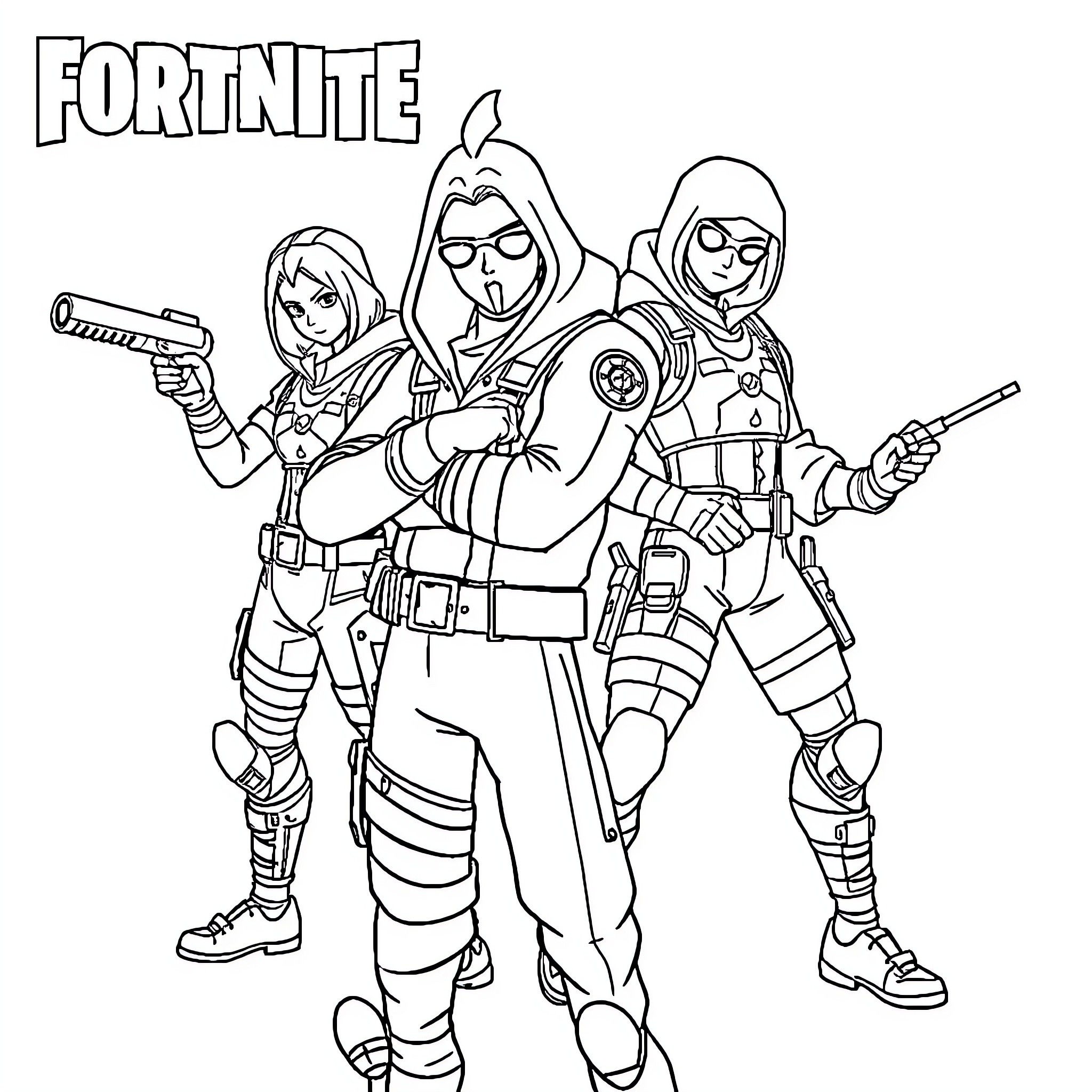 Fortnite Character Squad in Tactical Gear Coloring Page (free black-and-white line drawing printable PDF for all, from beginners to advanced learners, including children, teens, adults, and seniors)