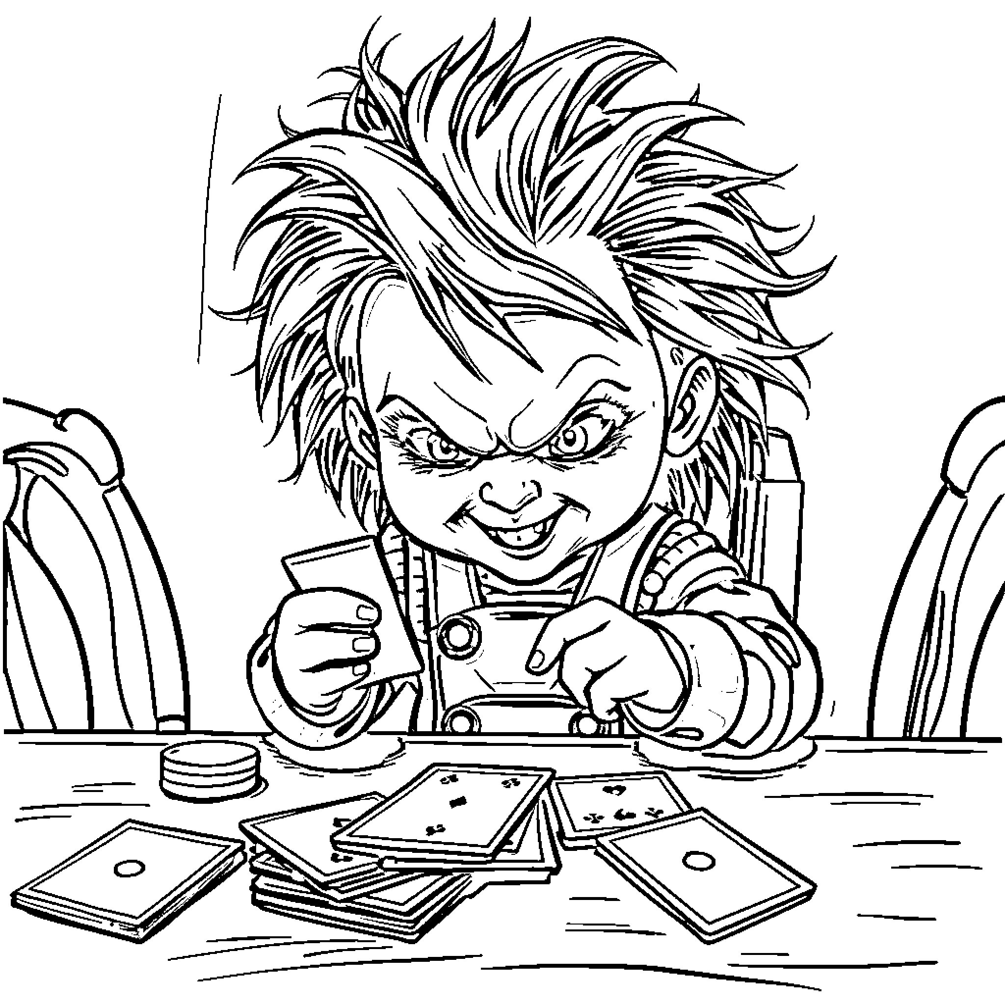 Chucky Menacingly Playing with Cards Coloring Page (free black-and-white line drawing printable PDF for all, from beginners to advanced learners, including children, teens, adults, and seniors)