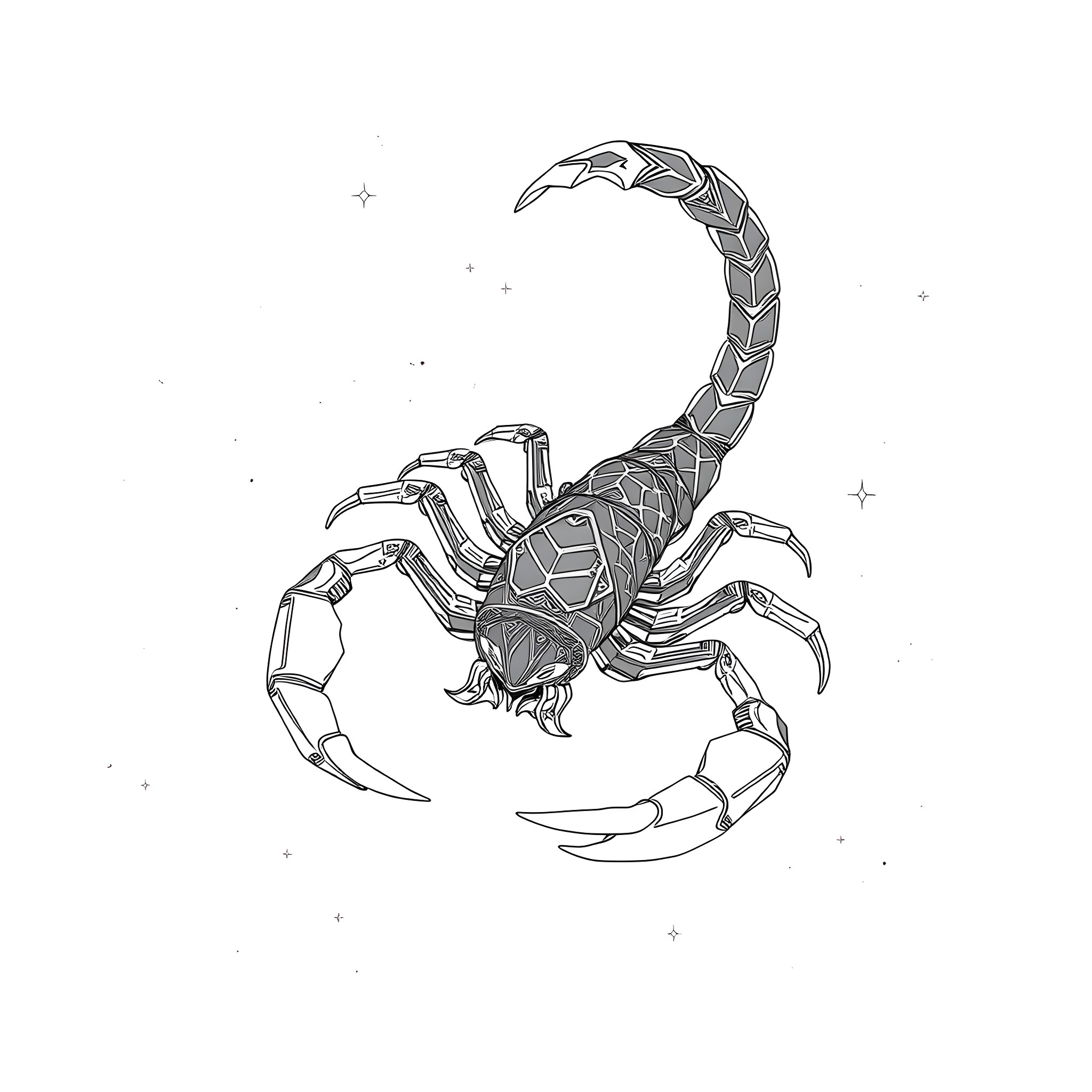 Scorpio Constellation Scorpion in Celestial Cosmos Coloring Page (free black-and-white line drawing printable PDF for all, from beginners to advanced learners, including children, teens, adults, and seniors)