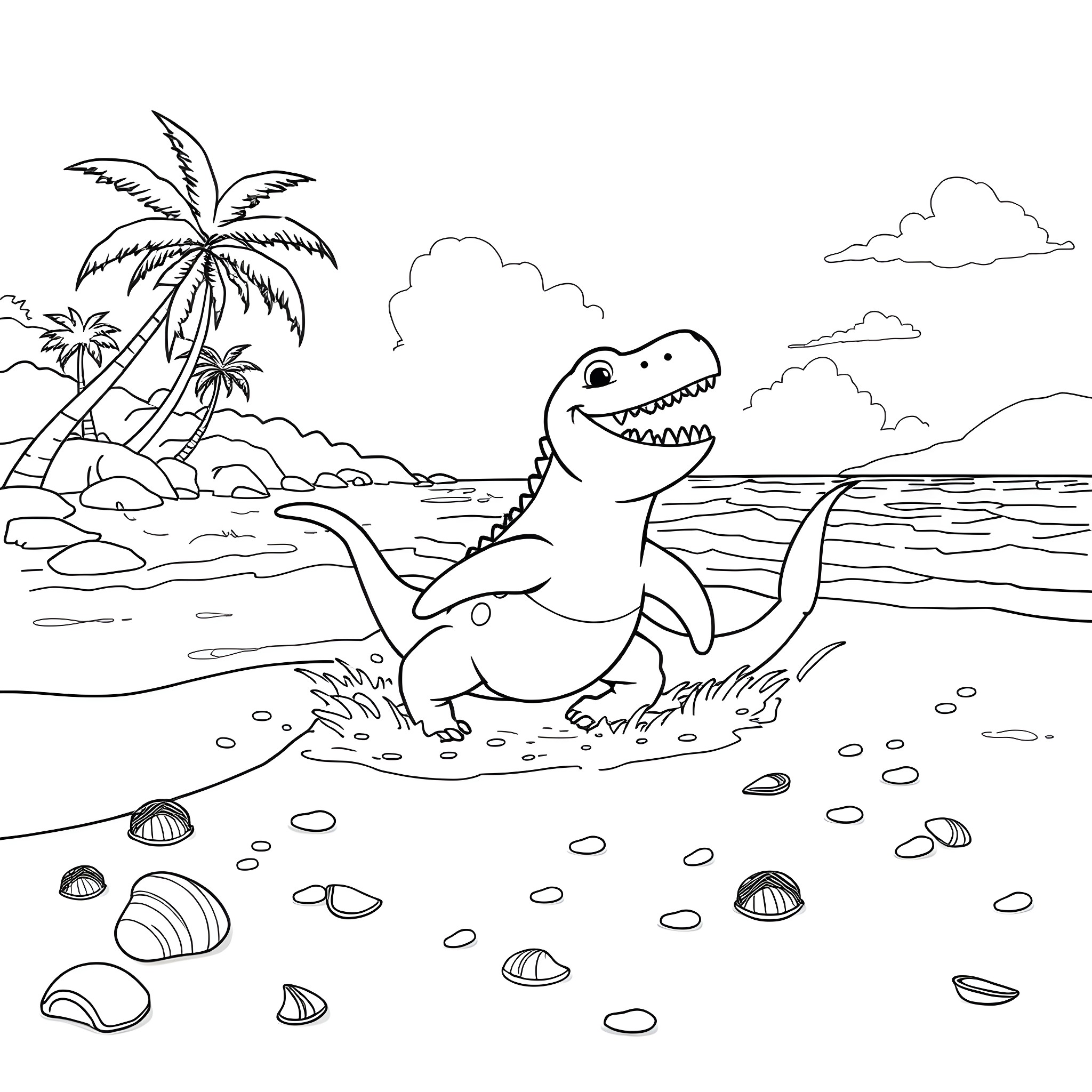 Saur Dinosaur Enjoying Tropical Beach Scene Coloring Page (free black-and-white line drawing printable PDF for all, from beginners to advanced learners, including children, teens, adults, and seniors)