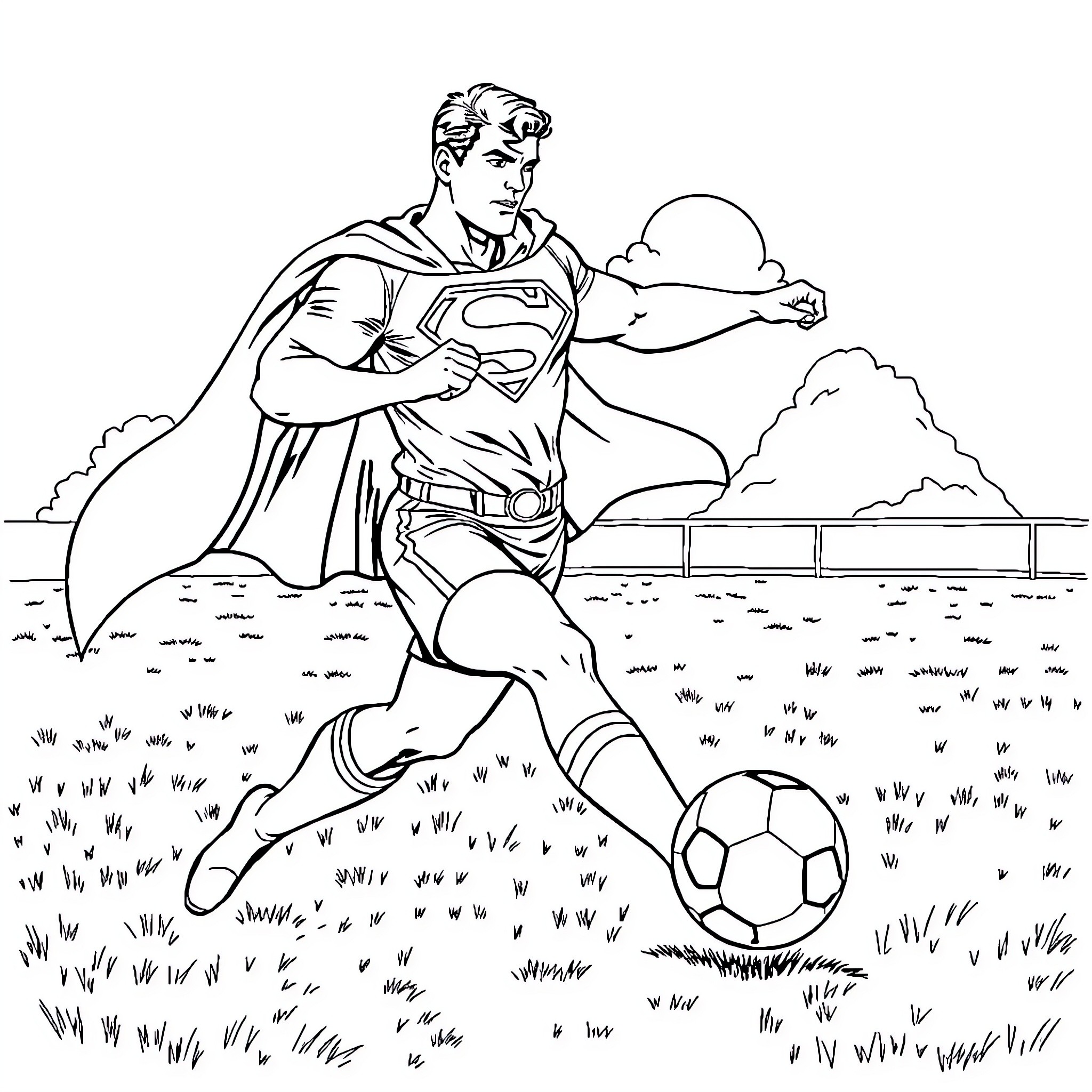 Superman kicking soccer ball in grassy field Coloring Page (free black-and-white line drawing printable PDF for all, from beginners to advanced learners, including children, teens, adults, and seniors)