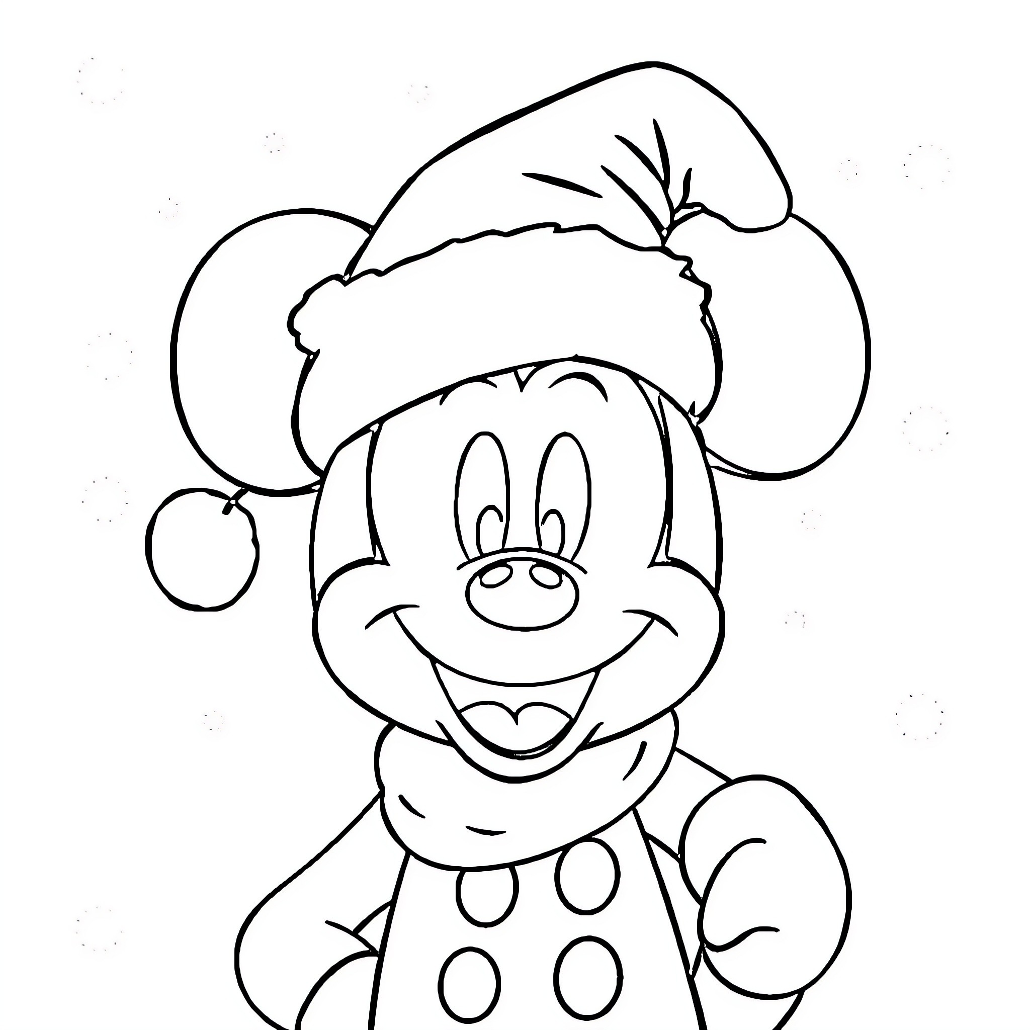 Mickey Mouse in Santa hat with a cheerful expression Coloring Page (free black-and-white line drawing printable PDF for all, from beginners to advanced learners, including children, teens, adults, and seniors)