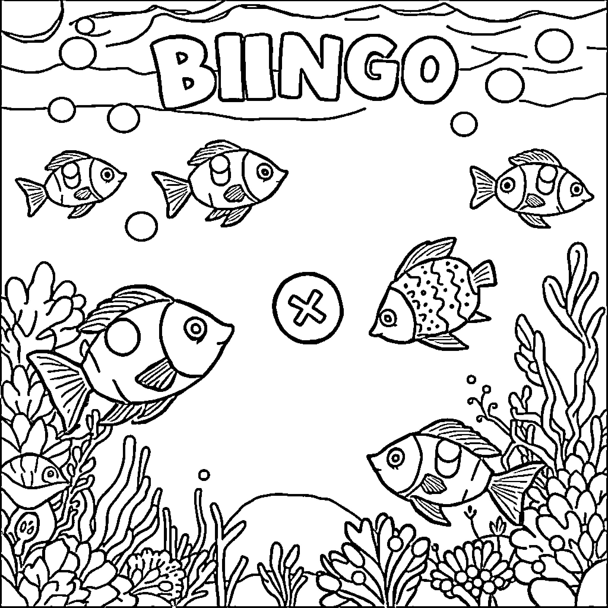 Bingo Fun with Aquatic Creatures and Decor Coloring Page (free black-and-white line drawing printable PDF for all, from beginners to advanced learners, including children, teens, adults, and seniors)