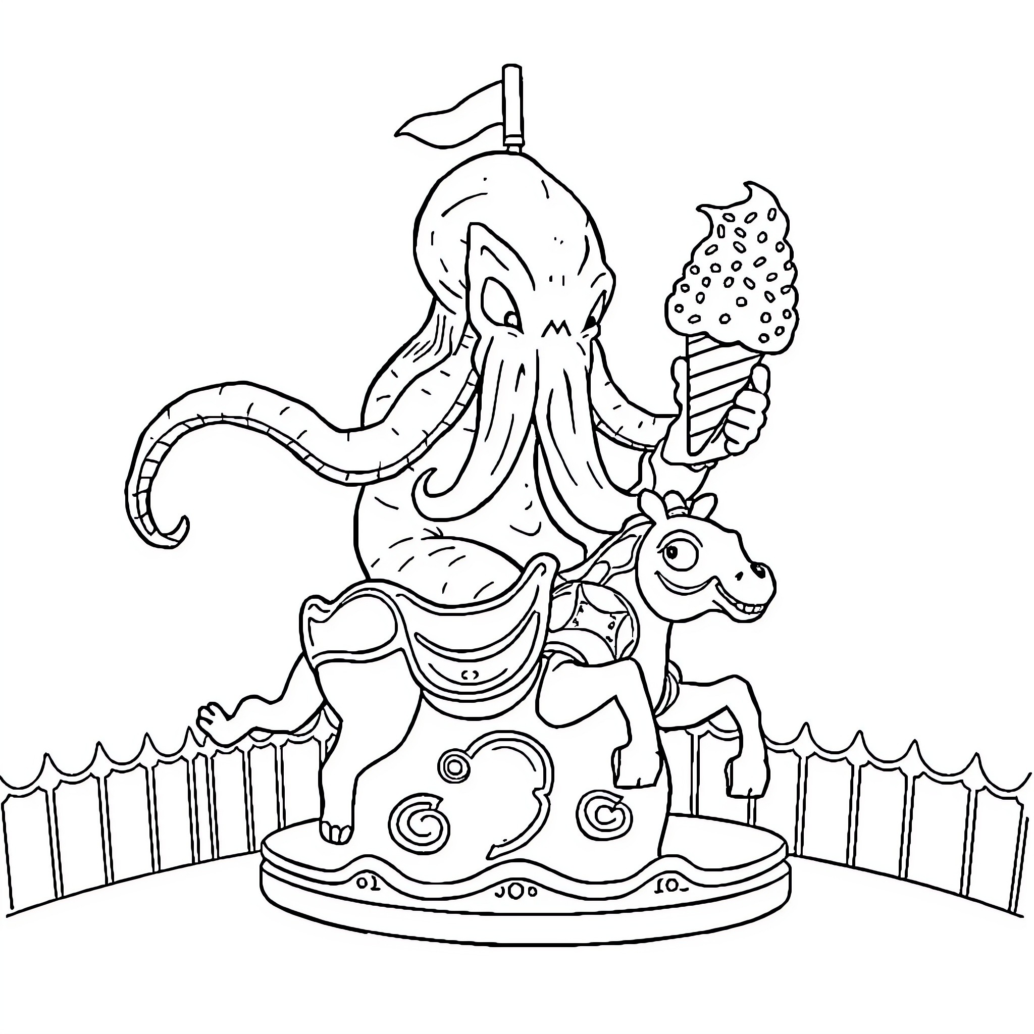 Cthulhu riding a carousel with a monster pet Coloring Page (free black-and-white line drawing printable PDF for all, from beginners to advanced learners, including children, teens, adults, and seniors)