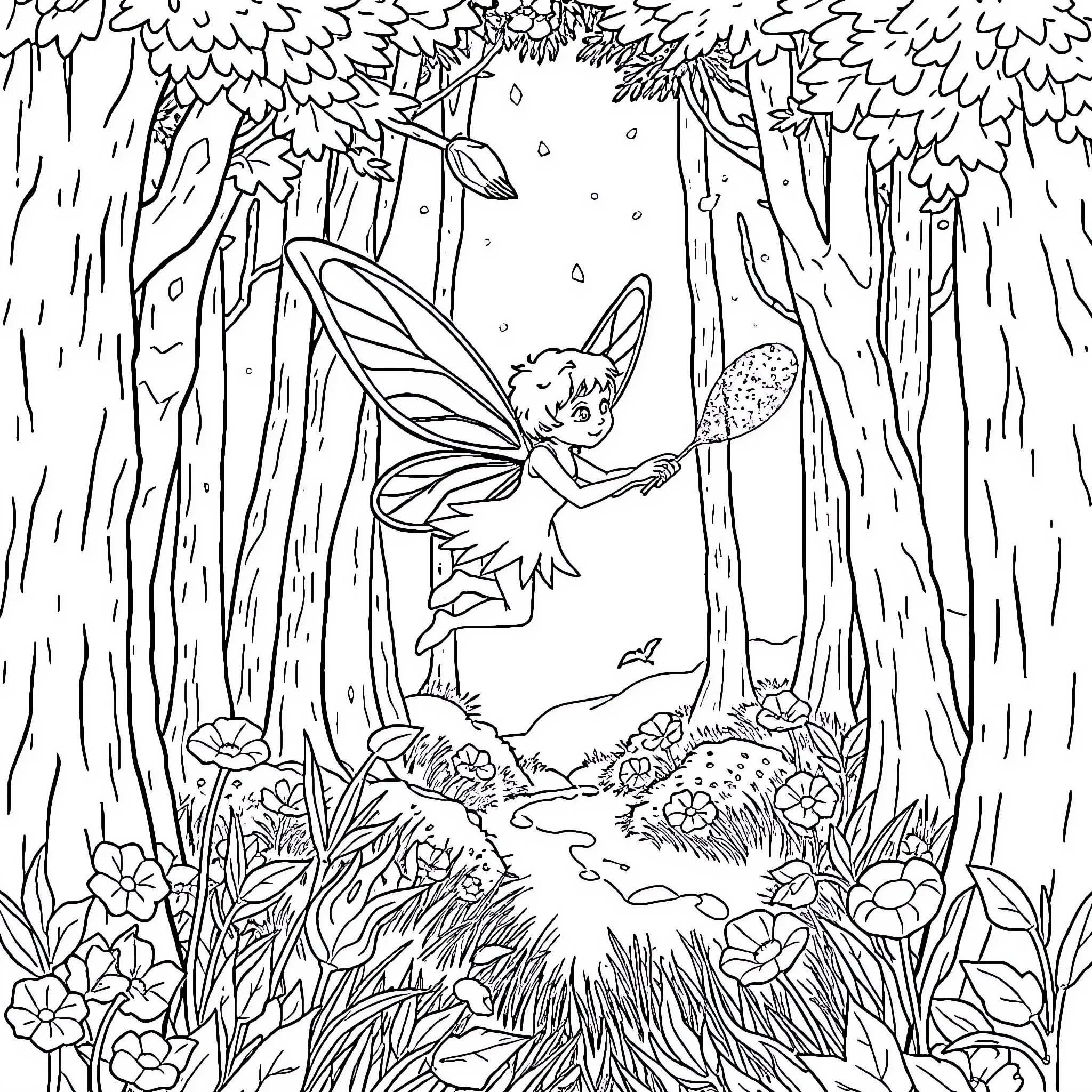 Fairy playing in enchanted forest Coloring Page (free black-and-white line drawing printable PDF for all, from beginners to advanced learners, including children, teens, adults, and seniors)