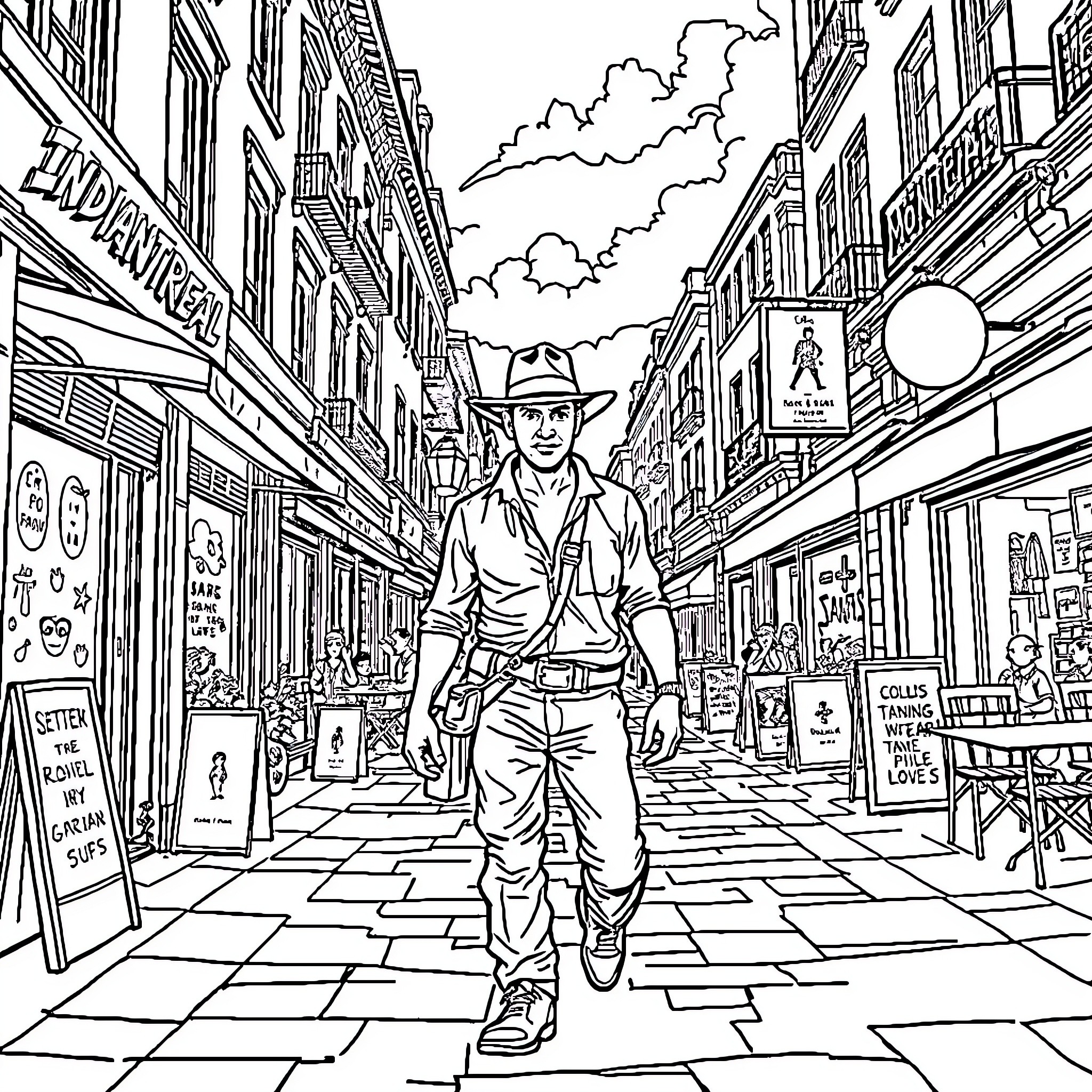 Indiana Jones Exploring a Bustling City Street Coloring Page (free black-and-white line drawing printable PDF for all, from beginners to advanced learners, including children, teens, adults, and seniors)