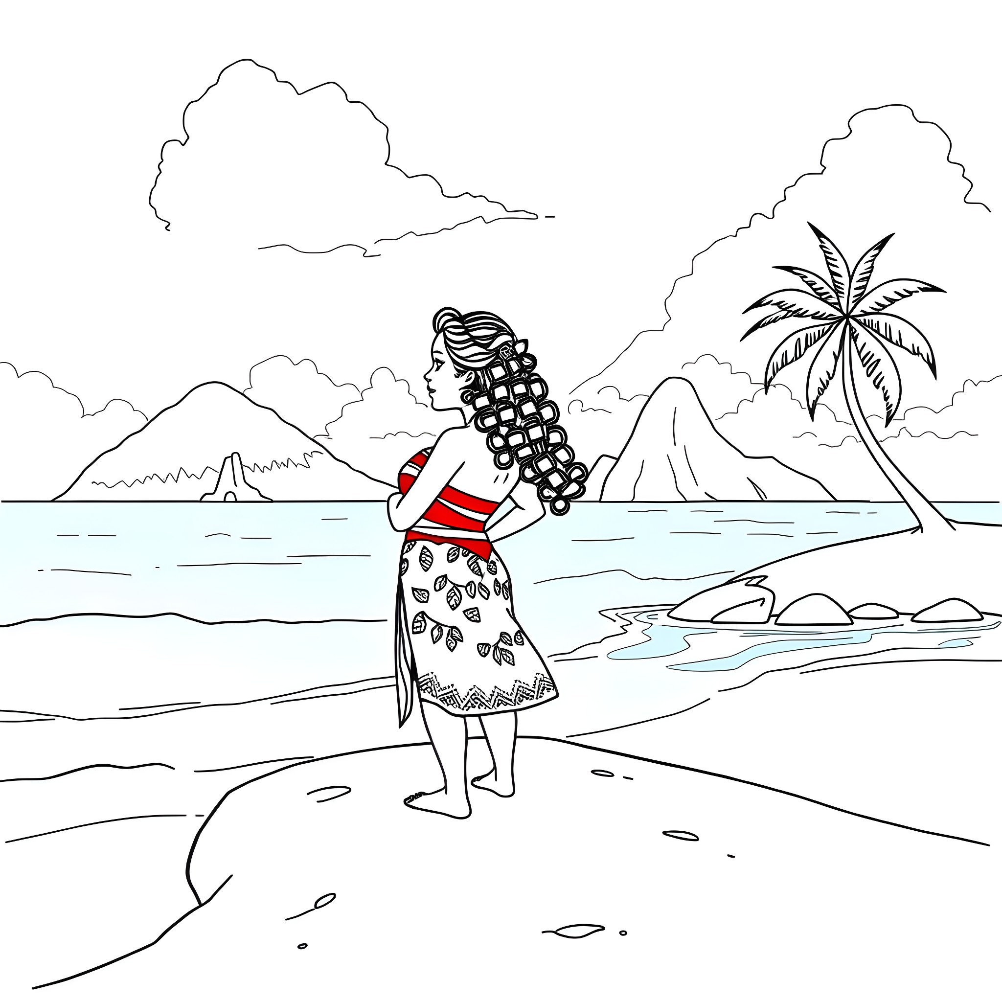 Moana walking by the beach with island scenery Coloring Page (free black-and-white line drawing printable PDF for all, from beginners to advanced learners, including children, teens, adults, and seniors)