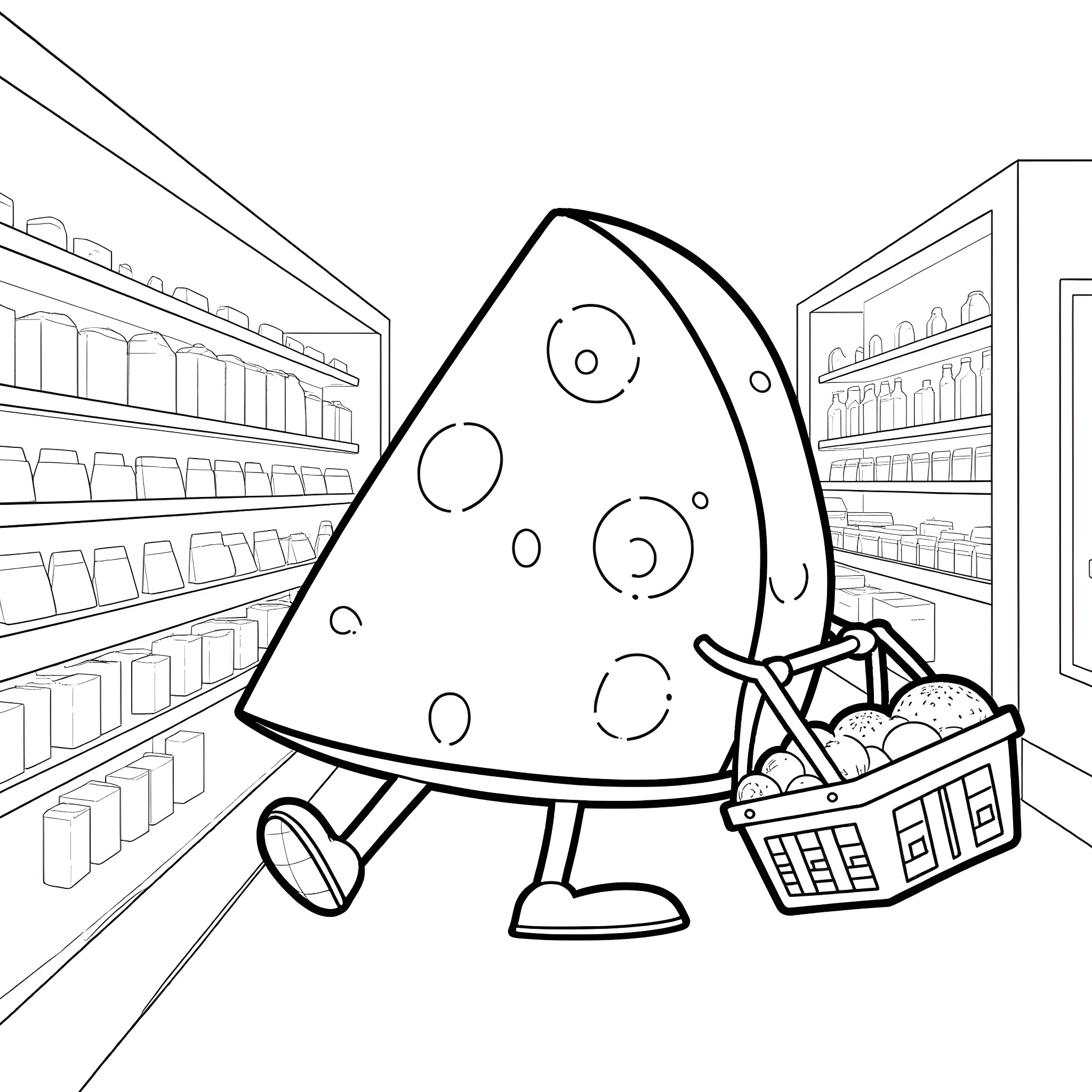 Cheese shopping in the grocery store Coloring Page (free black-and-white line drawing printable PDF for all, from beginners to advanced learners, including children, teens, adults, and seniors)