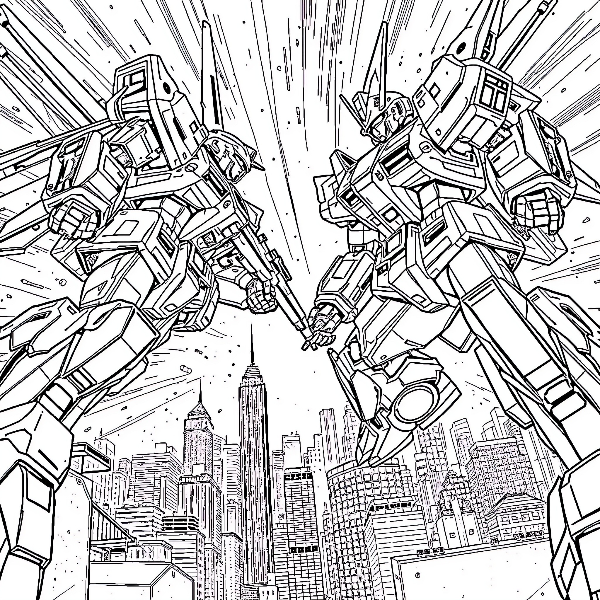 Mech Warriors Clash in Epic Battle over Cityscape Coloring Page (free black-and-white line drawing printable PDF for all, from beginners to advanced learners, including children, teens, adults, and seniors)