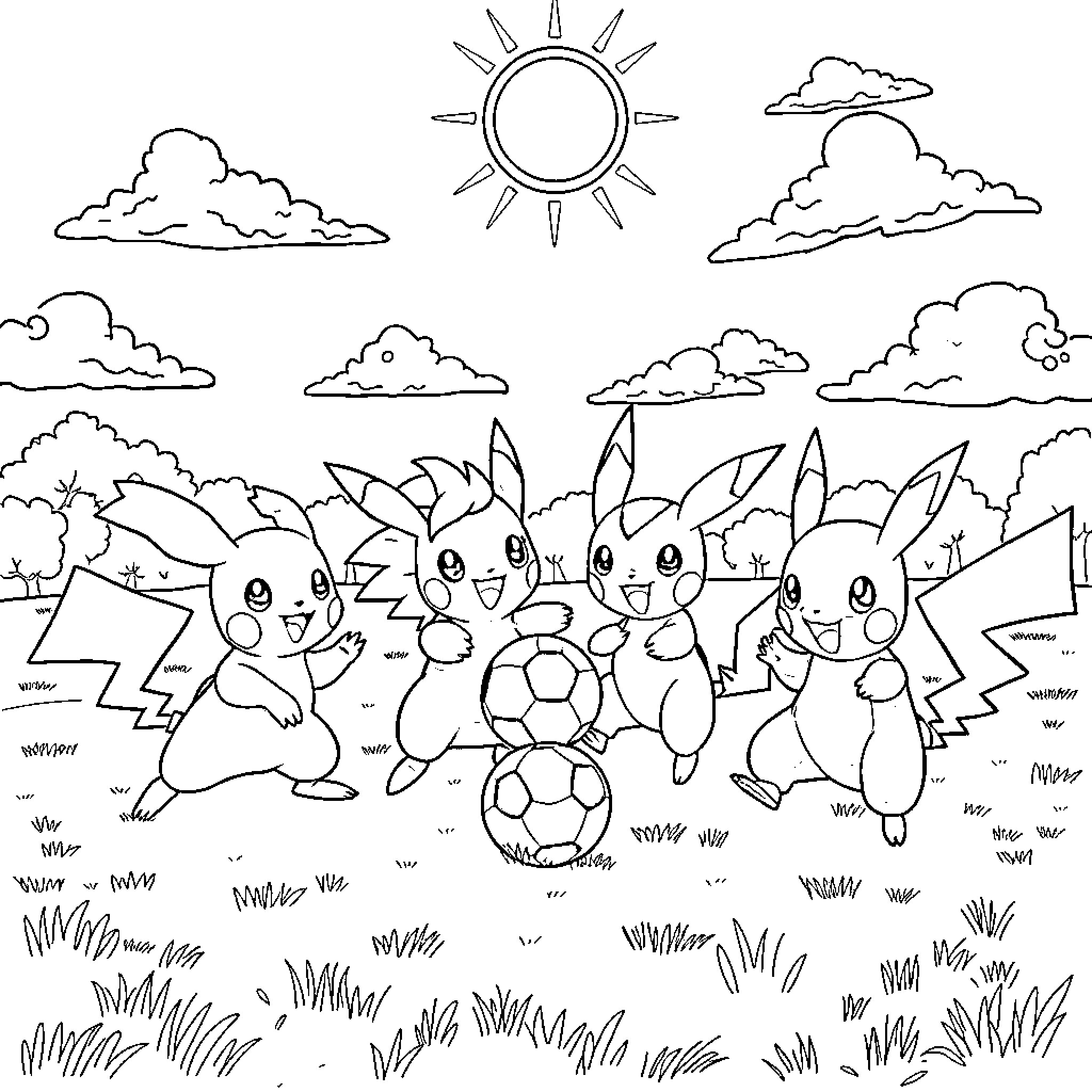 Pokémon characters playing football in nature Coloring Page (free black-and-white line drawing printable PDF for all, from beginners to advanced learners, including children, teens, adults, and seniors)