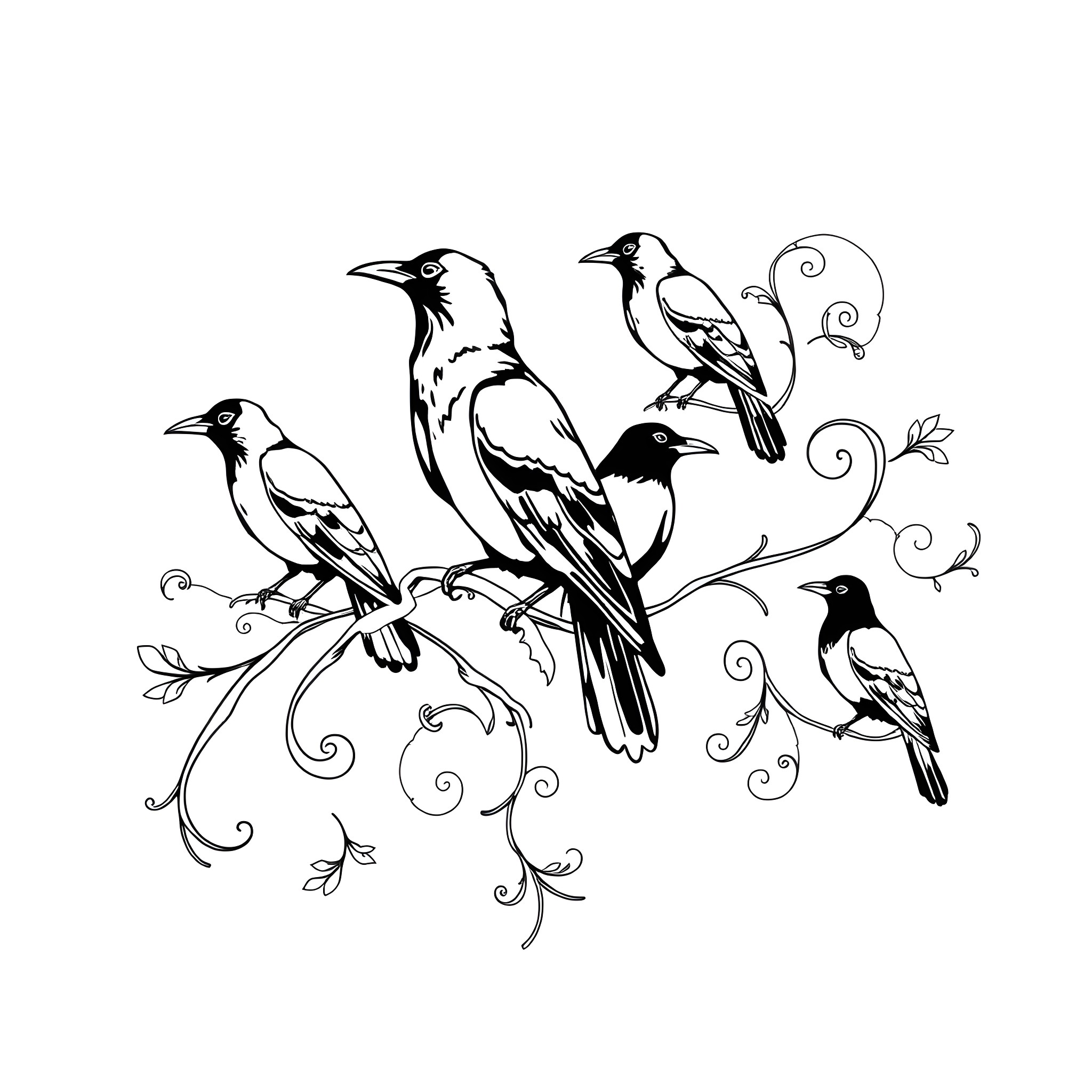 Crow Ornate Illustration with Perching Birds Coloring Page (free black-and-white line drawing printable PDF for all, from beginners to advanced learners, including children, teens, adults, and seniors)