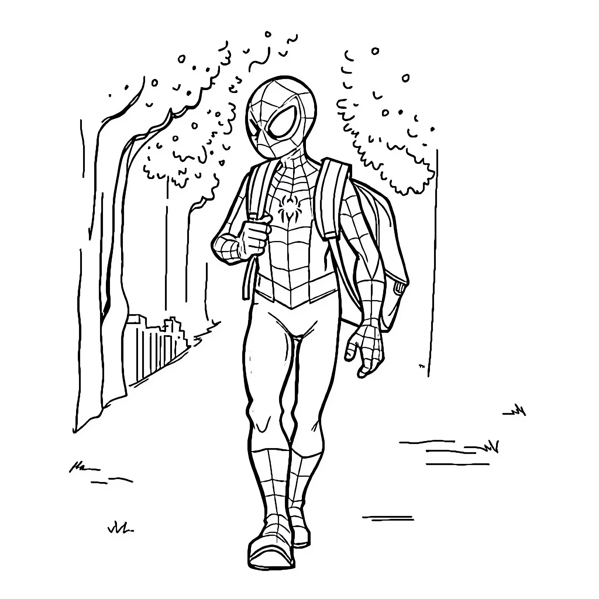 Spiderman swinging through the city Coloring Page (free black-and-white line drawing printable PDF for all, from beginners to advanced learners, including children, teens, adults, and seniors)