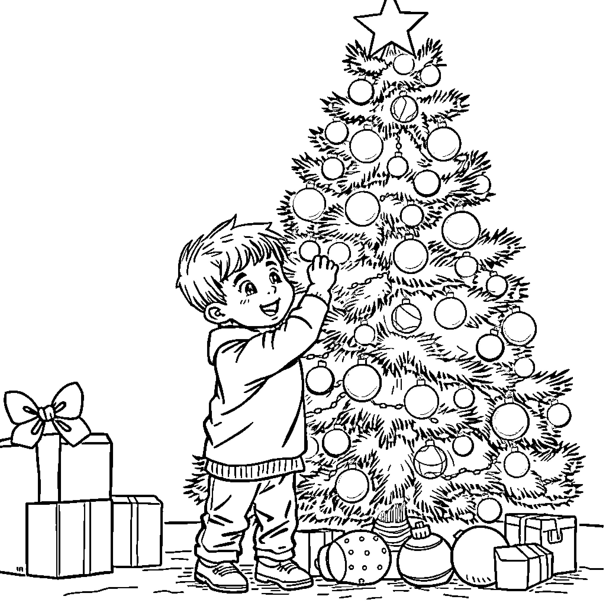 Boy decorating festive Christmas tree Coloring Page (free black-and-white line drawing printable PDF for all, from beginners to advanced learners, including children, teens, adults, and seniors)