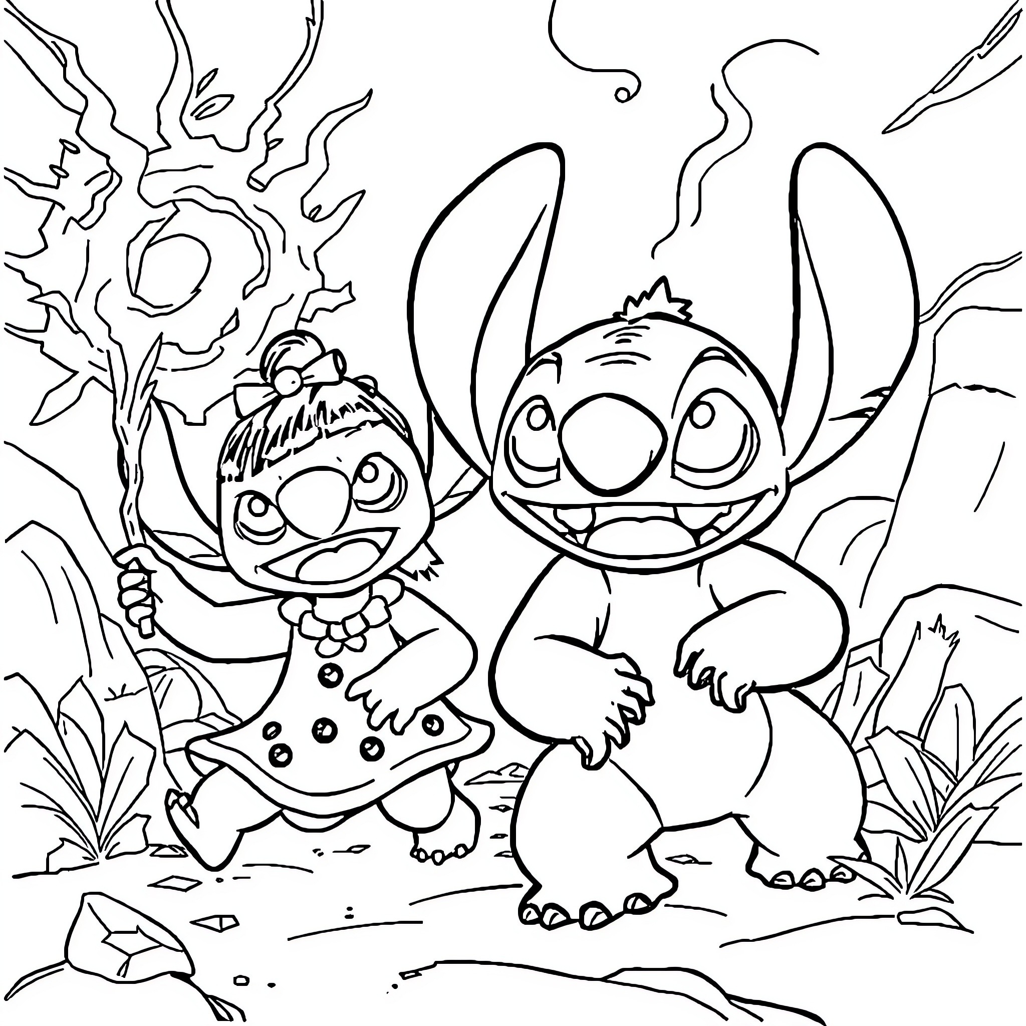 Lilo and Stitch enjoying a playful adventure Coloring Page (free black-and-white line drawing printable PDF for all, from beginners to advanced learners, including children, teens, adults, and seniors)