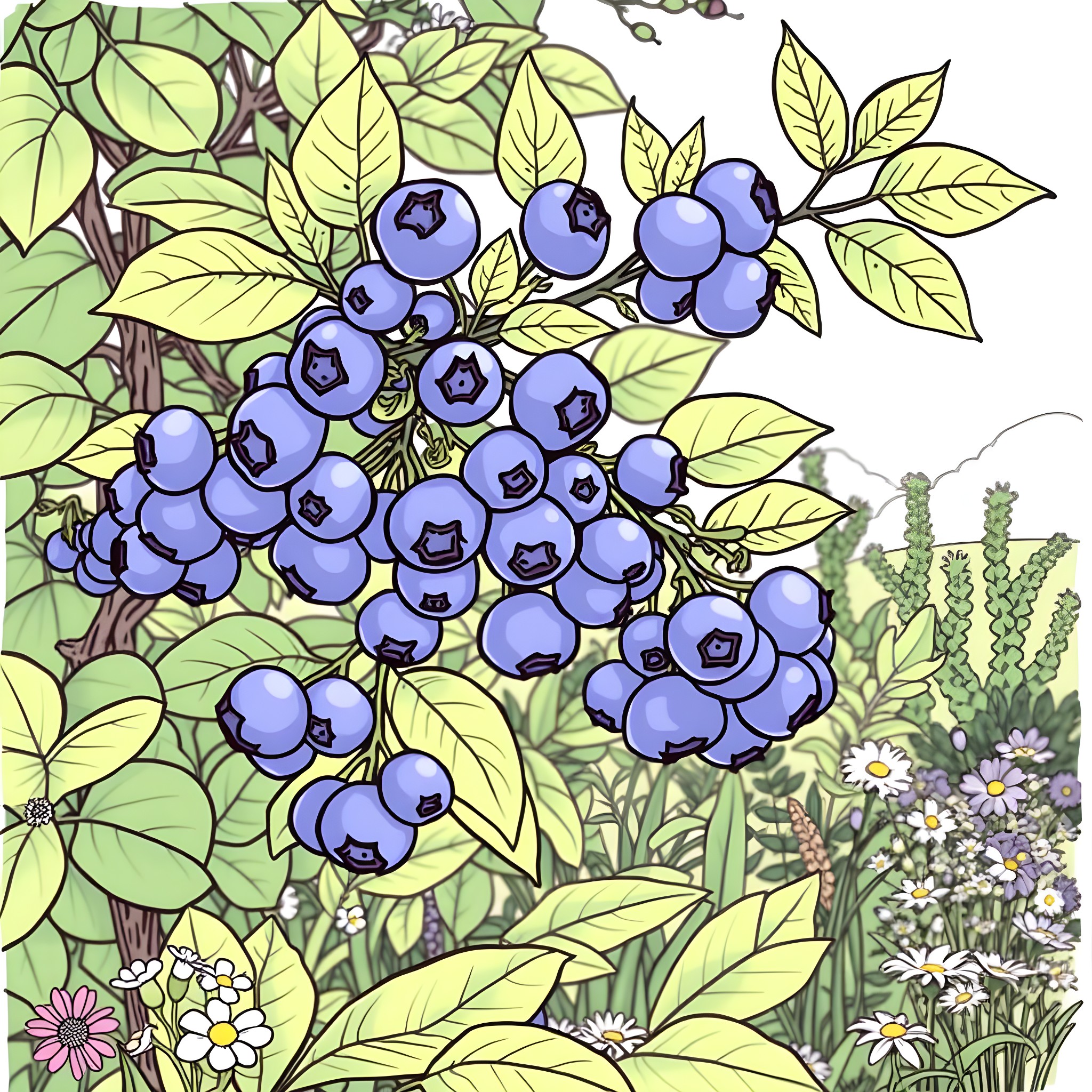 Blueberry Harvest in the Lush Garden Coloring Page (free black-and-white line drawing printable PDF for all, from beginners to advanced learners, including children, teens, adults, and seniors)