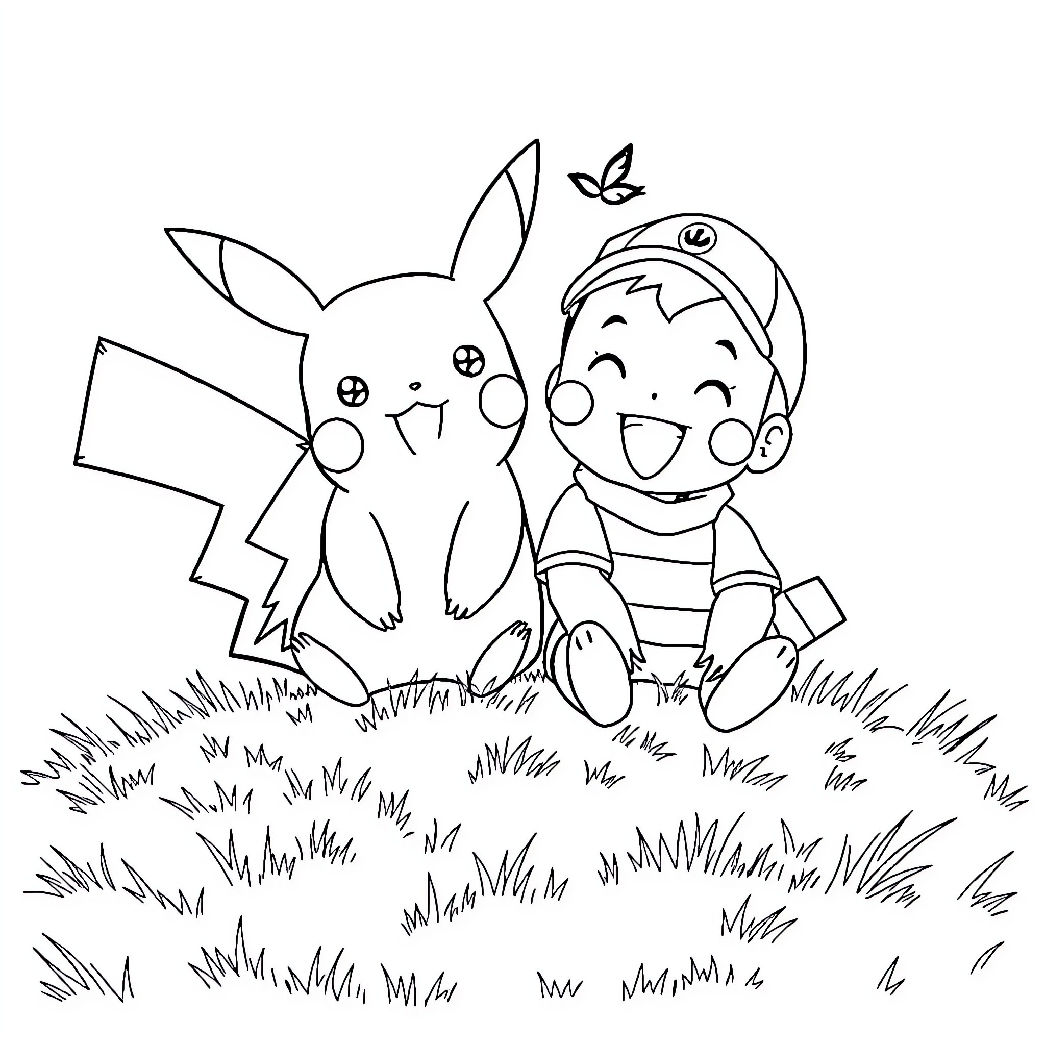 Pikachu and Young Trainer Enjoying Nature Coloring Page (free black-and-white line drawing printable PDF for all, from beginners to advanced learners, including children, teens, adults, and seniors)