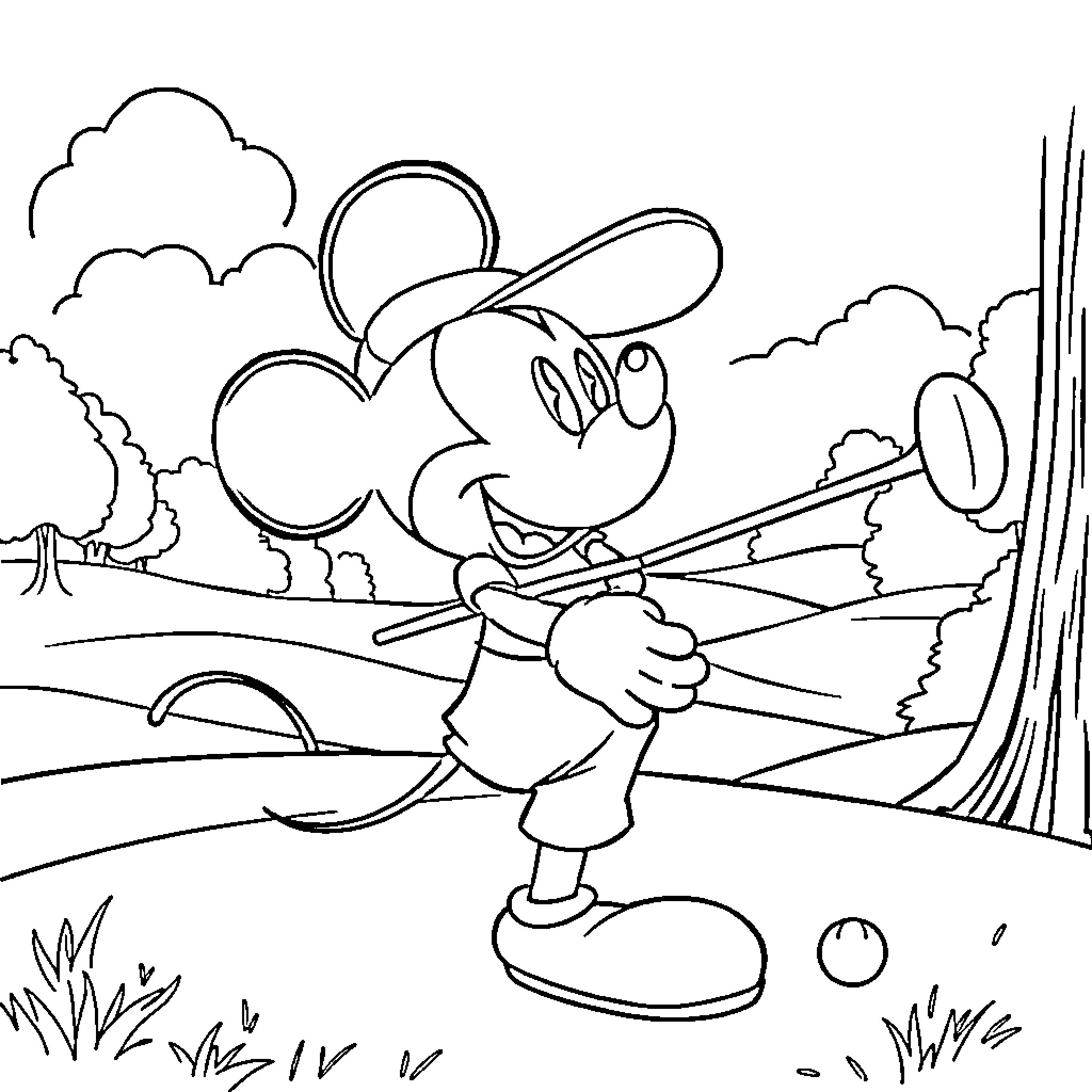 Mickey Mouse fishing in the countryside Coloring Page (free black-and-white line drawing printable PDF for all, from beginners to advanced learners, including children, teens, adults, and seniors)