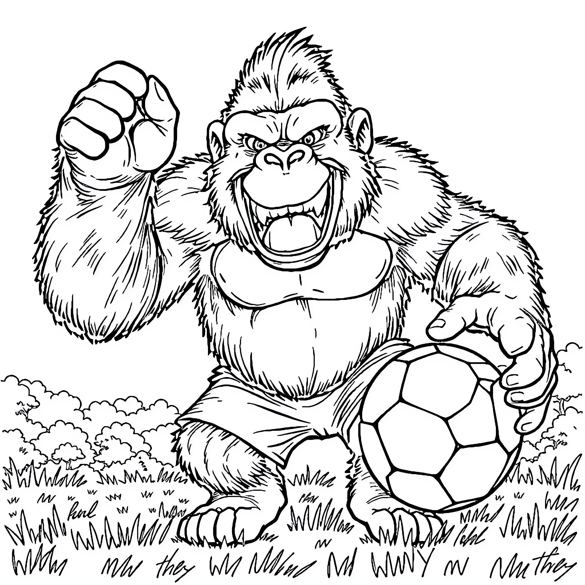 King Kong with soccer ball in grassy field Coloring Page (free black-and-white line drawing printable PDF for all, from beginners to advanced learners, including children, teens, adults, and seniors)