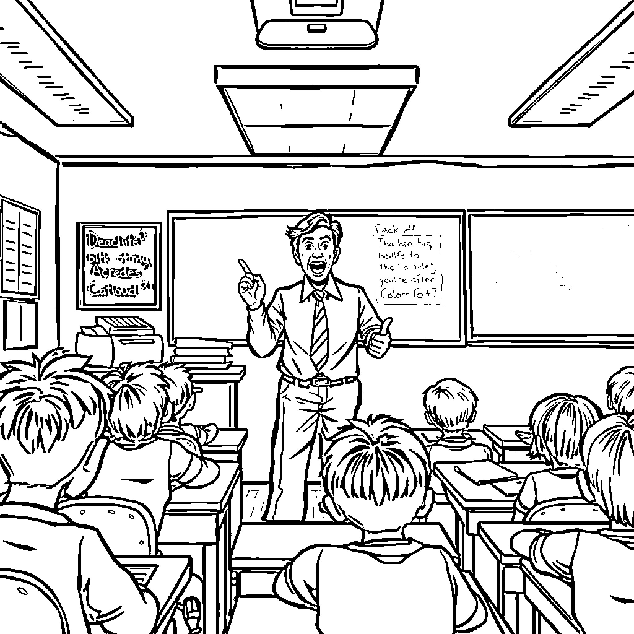 Teacher lecturing enthusiastically to students in classroom Coloring Page (free black-and-white line drawing printable PDF for all, from beginners to advanced learners, including children, teens, adults, and seniors)