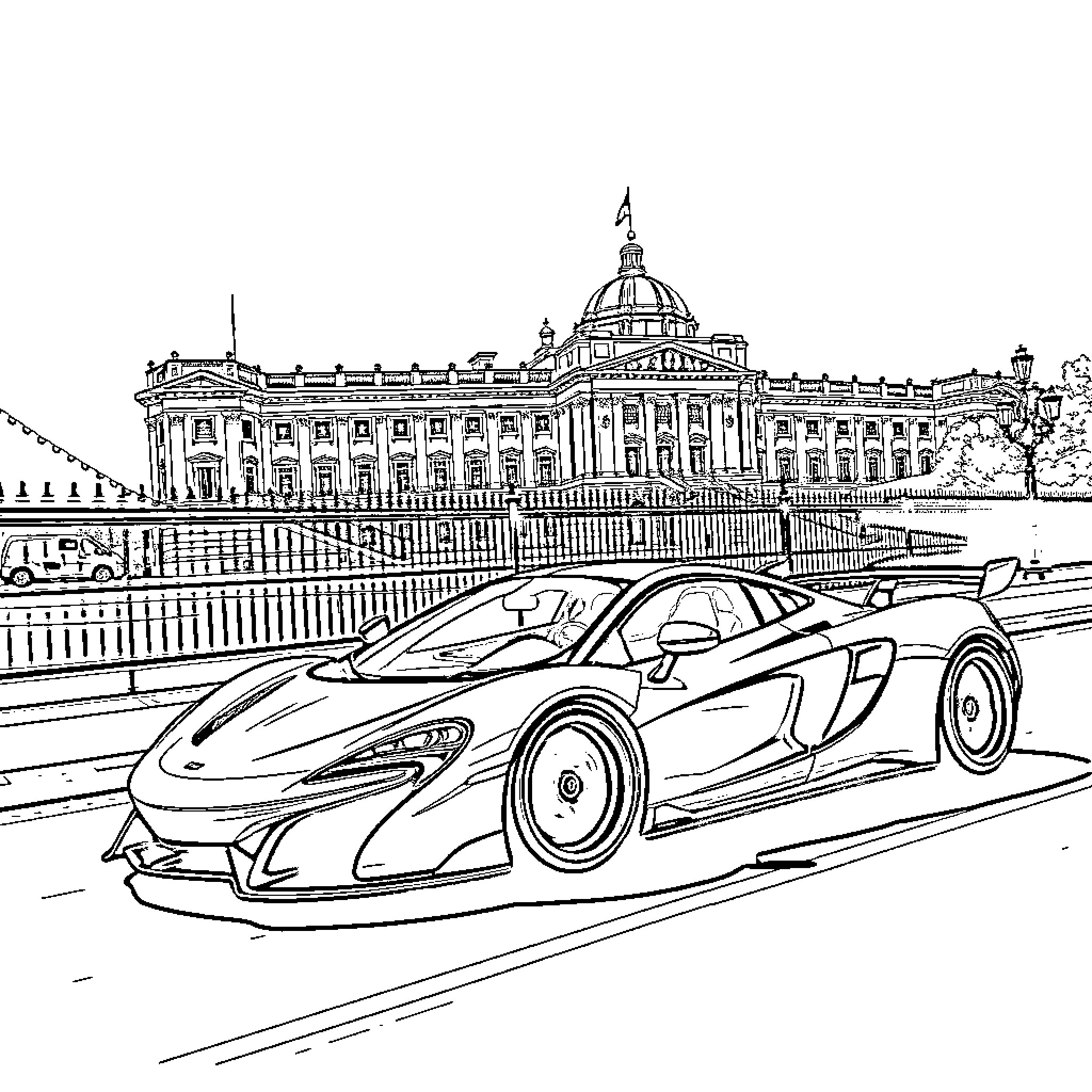 McLaren F1 supercar on a city street near a grand building Coloring Page (free black-and-white line drawing printable PDF for all, from beginners to advanced learners, including children, teens, adults, and seniors)