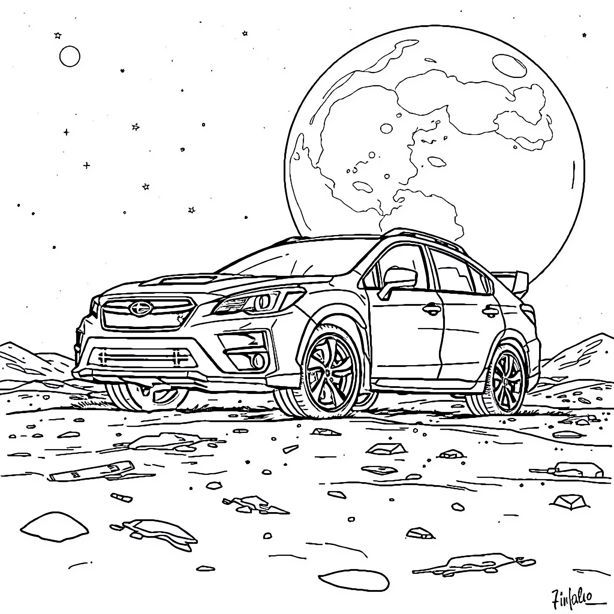 Subaru Crossover Adventuring Under the Starry Sky Coloring Page (free black-and-white line drawing printable PDF for all, from beginners to advanced learners, including children, teens, adults, and seniors)