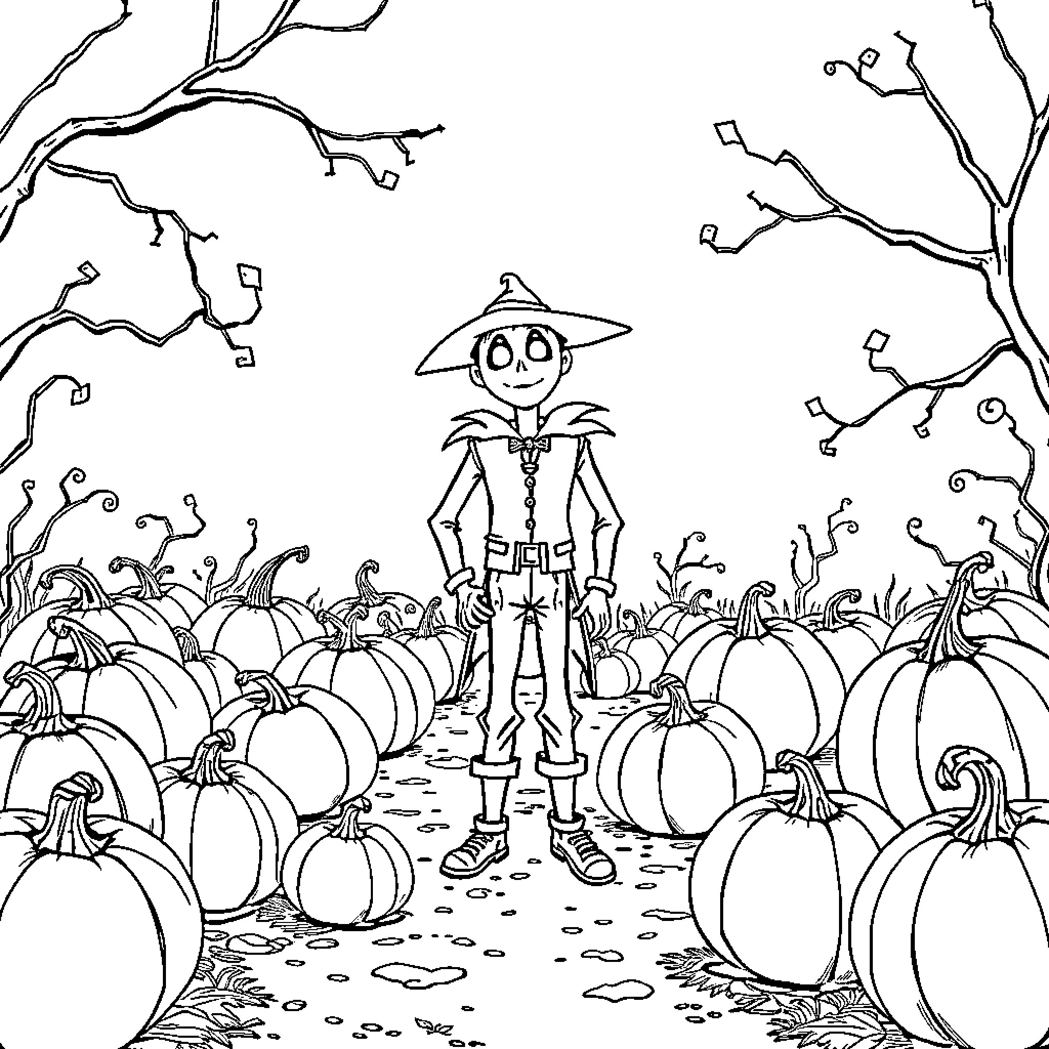 Jack's Pumpkin Patch Adventure Coloring Page (free black-and-white line drawing printable PDF for all, from beginners to advanced learners, including children, teens, adults, and seniors)
