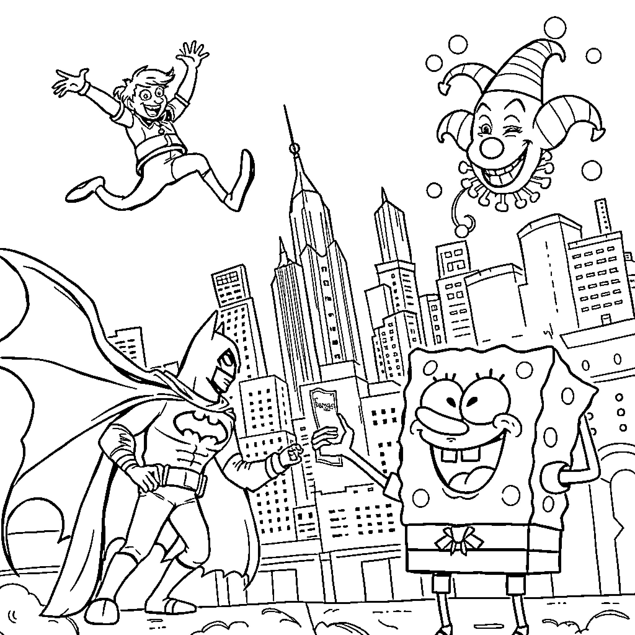 Demon Confronting Whimsical Figures in Urban Cityscape Coloring Page (free black-and-white line drawing printable PDF for all, from beginners to advanced learners, including children, teens, adults, and seniors)