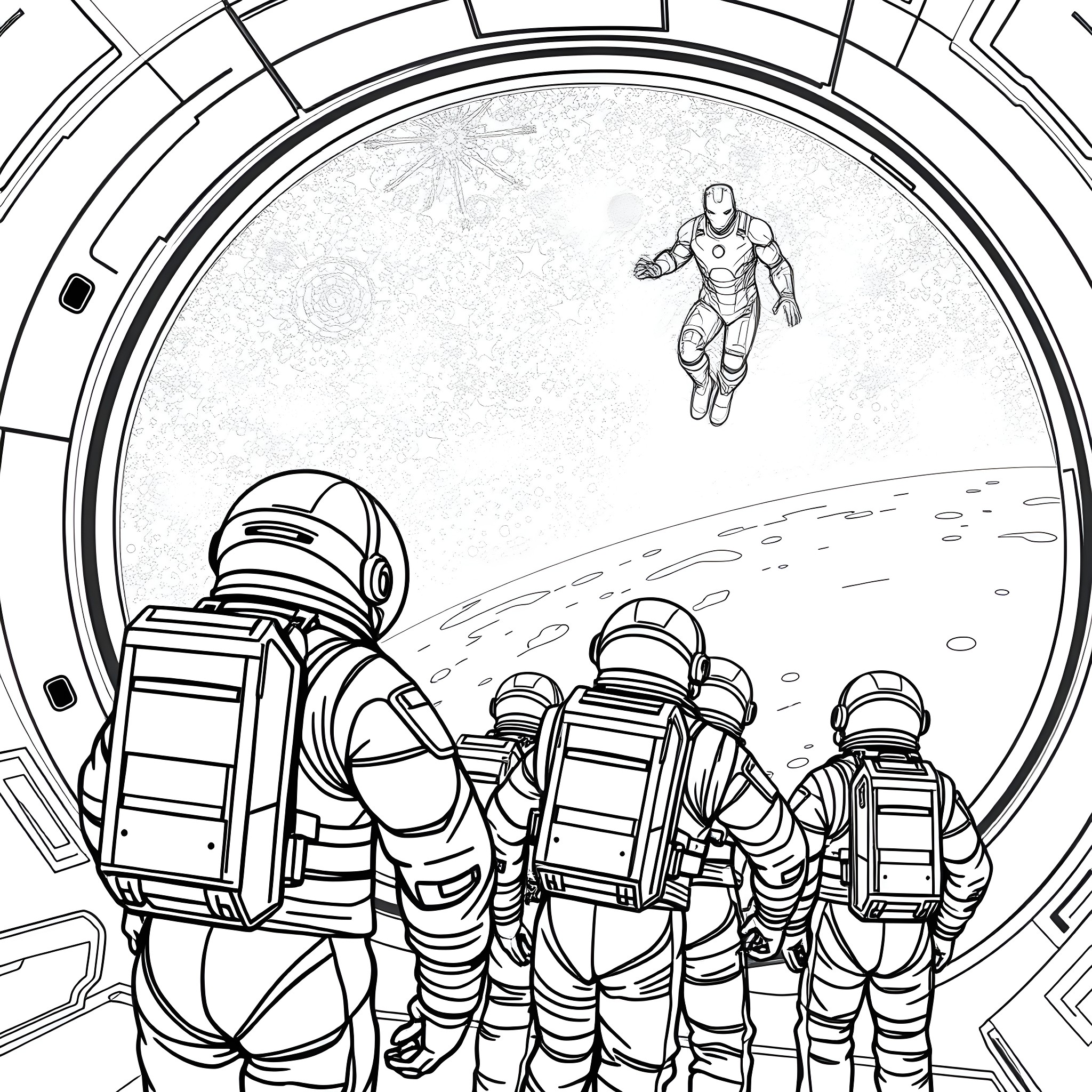 Astronauts exploring the unknown in space Coloring Page (free black-and-white line drawing printable PDF for all, from beginners to advanced learners, including children, teens, adults, and seniors)