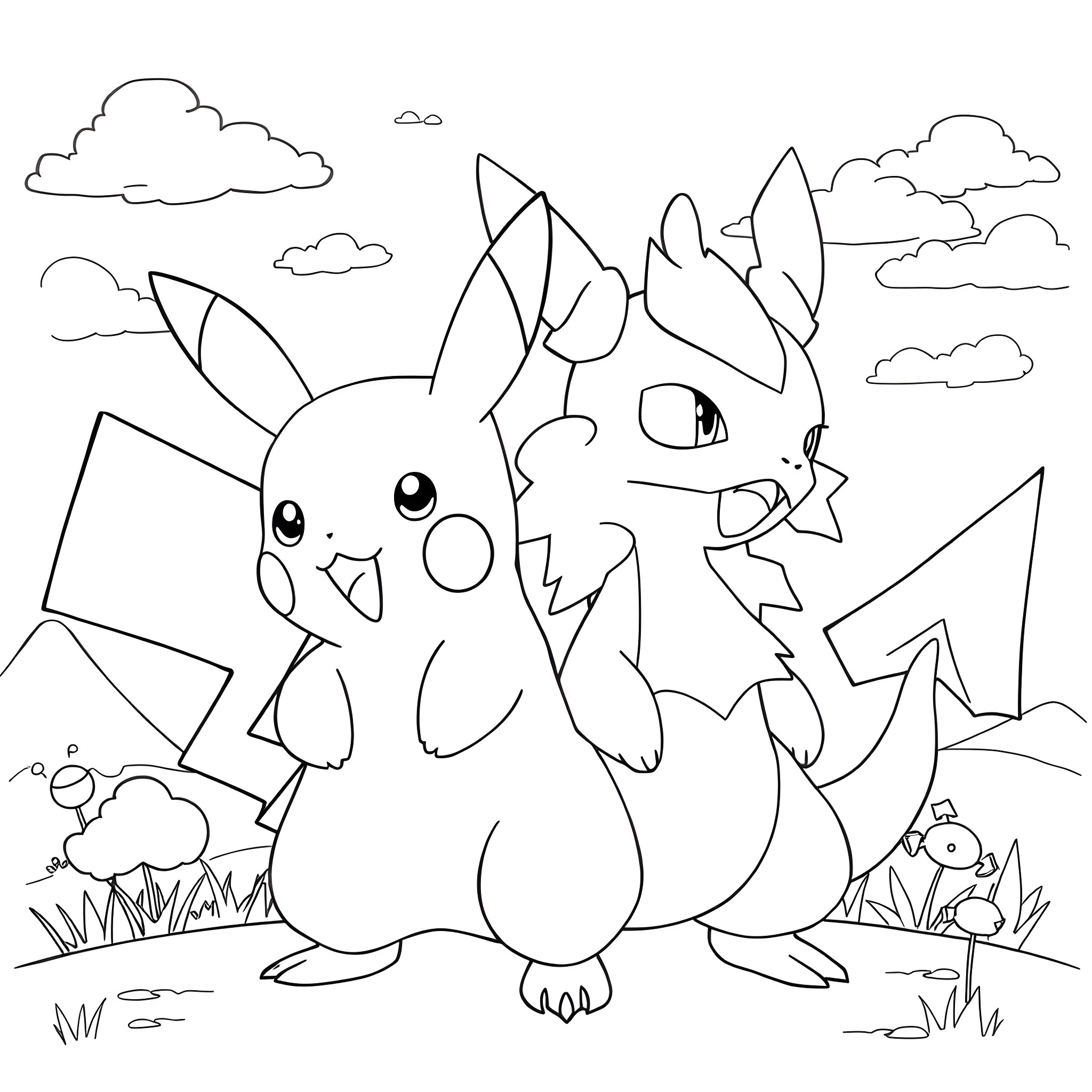 Pikachu and Raichu playing in the mountains Coloring Page (free black-and-white line drawing printable PDF for all, from beginners to advanced learners, including children, teens, adults, and seniors)