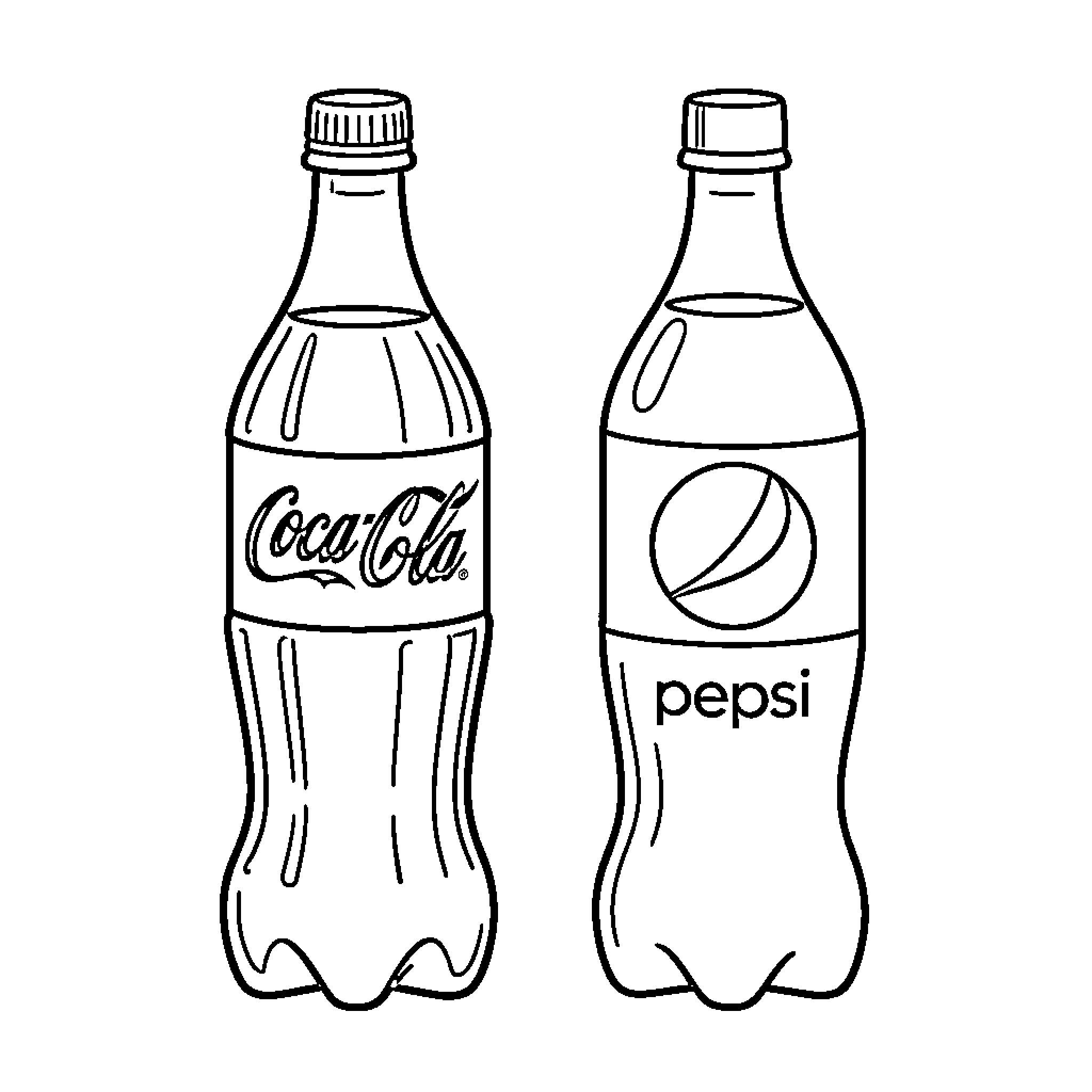 Coke vs Pepsi soda bottles standing side by side Coloring Page (free black-and-white line drawing printable PDF for all, from beginners to advanced learners, including children, teens, adults, and seniors)