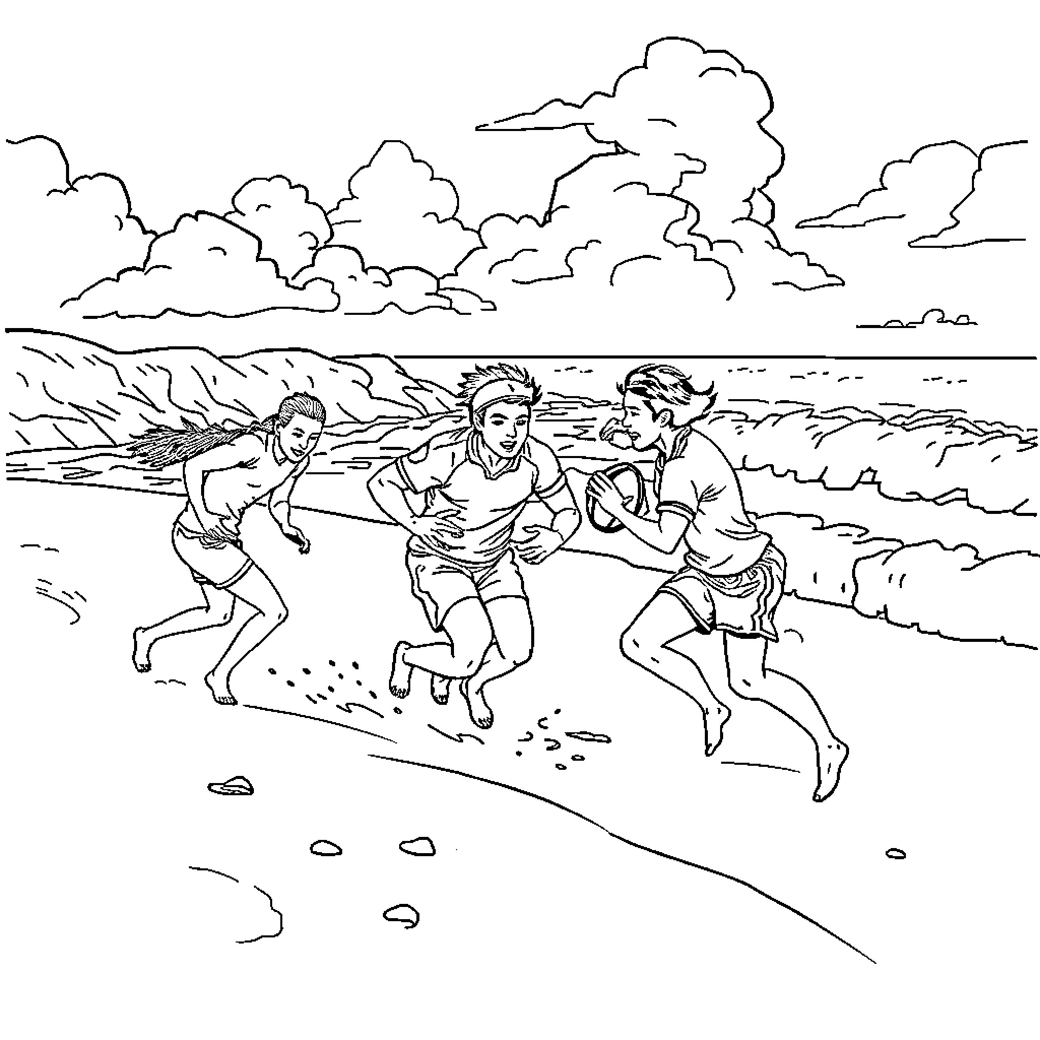 Rugby players enjoying a friendly match on the beach Coloring Page (free black-and-white line drawing printable PDF for all, from beginners to advanced learners, including children, teens, adults, and seniors)