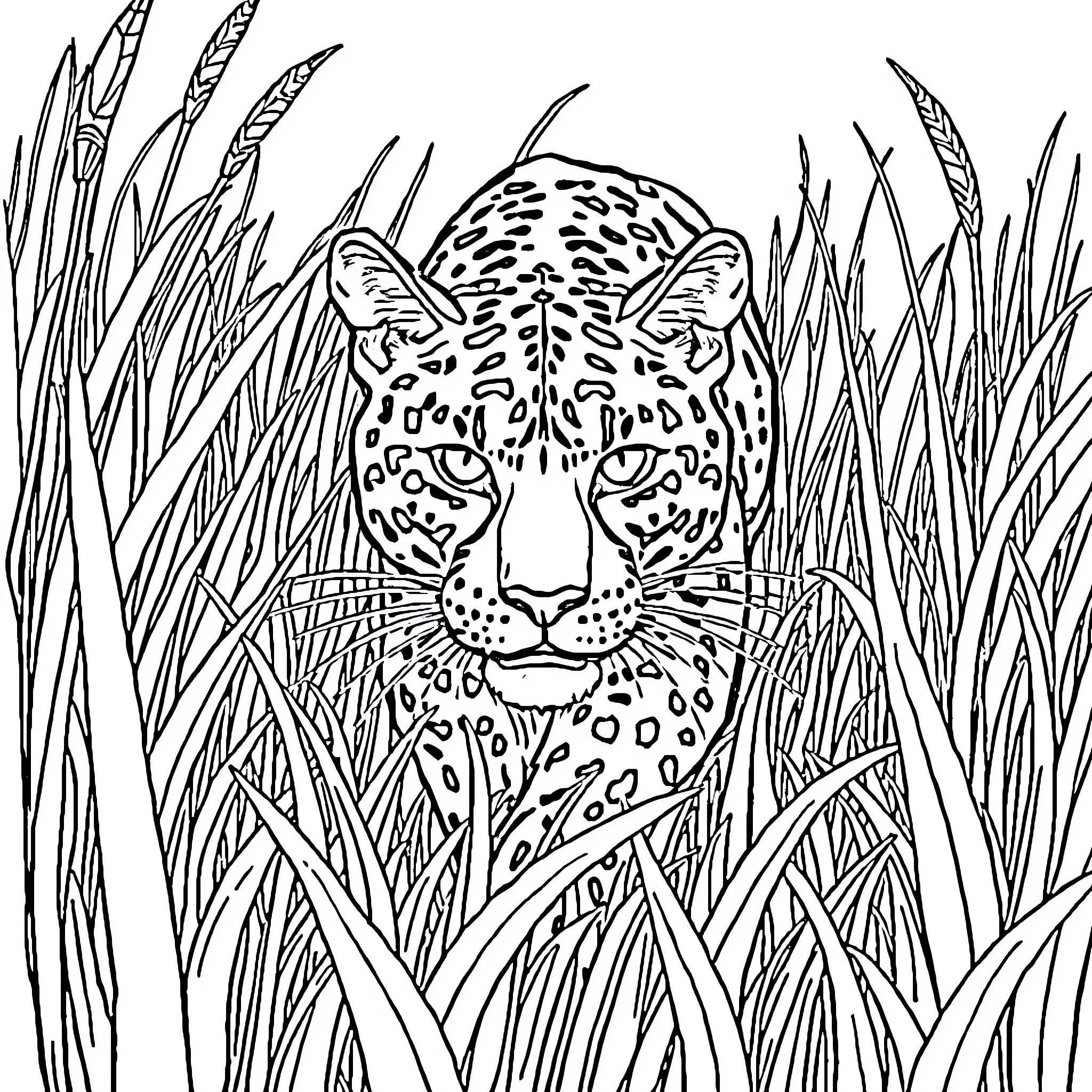 Cat Hiding in Tall Grass Coloring Page (free black-and-white line drawing printable PDF for all, from beginners to advanced learners, including children, teens, adults, and seniors)