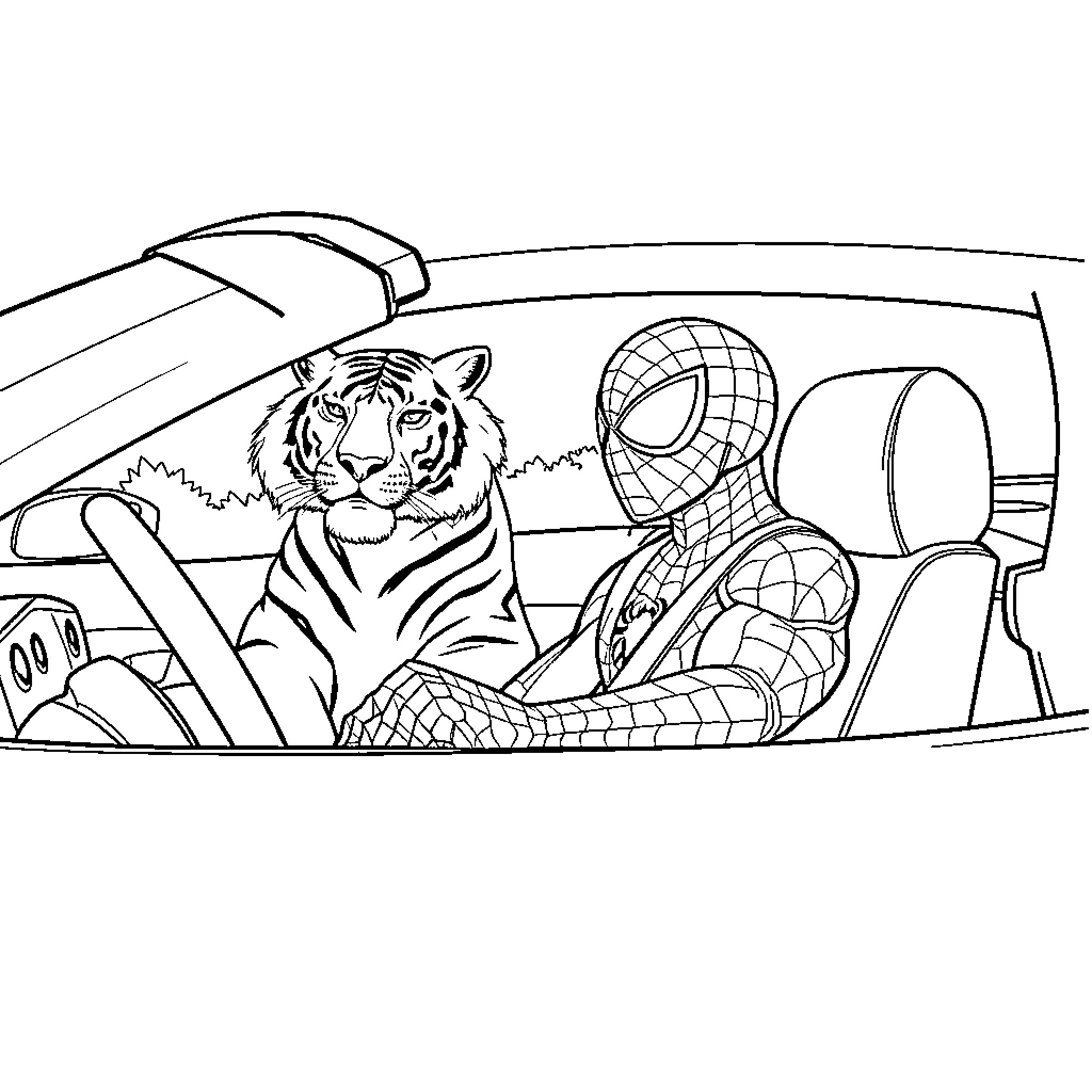 Miles Morales riding in a car with a tiger Coloring Page (free black-and-white line drawing printable PDF for all, from beginners to advanced learners, including children, teens, adults, and seniors)
