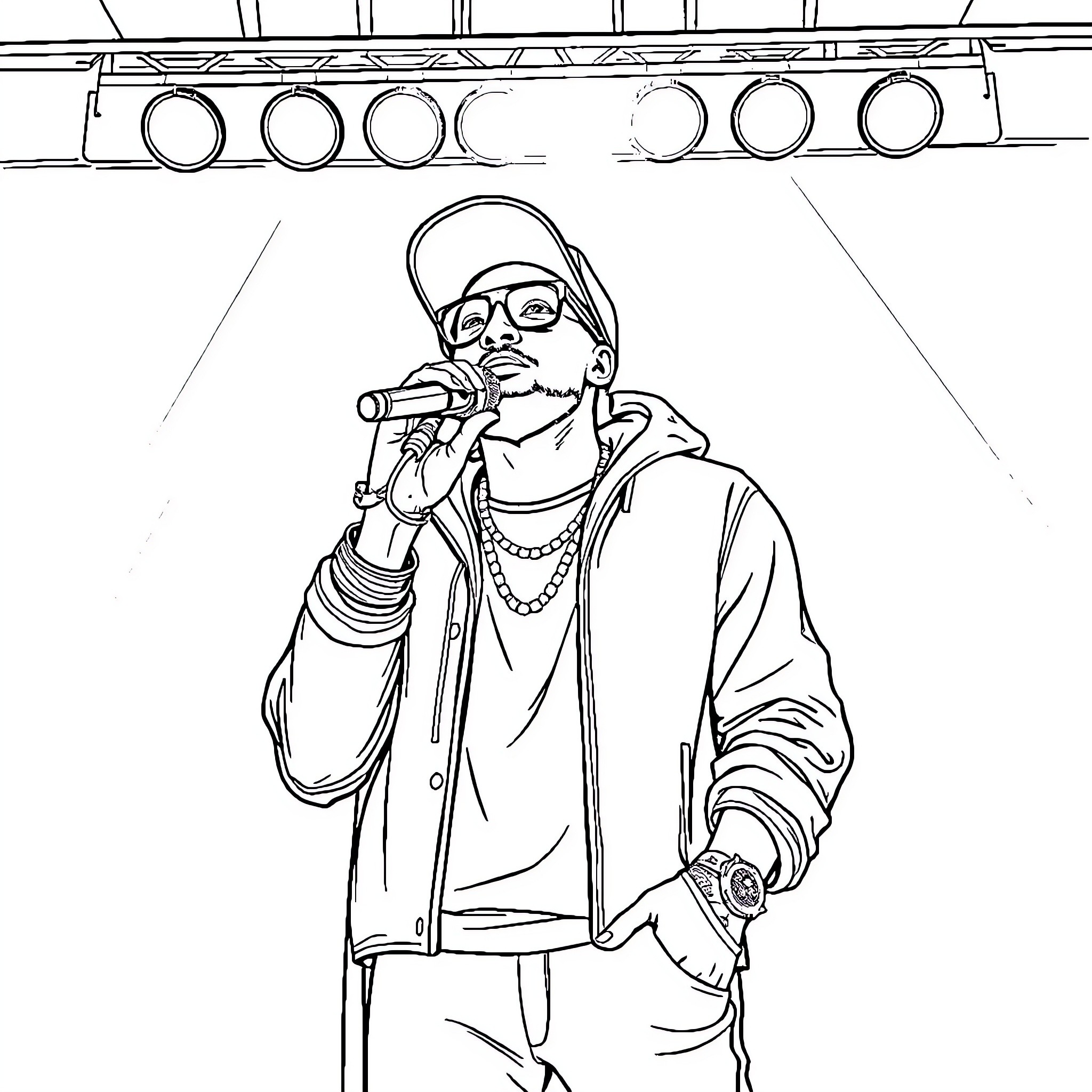 Werenoi Performing on Stage Coloring Page (free black-and-white line drawing printable PDF for all, from beginners to advanced learners, including children, teens, adults, and seniors)