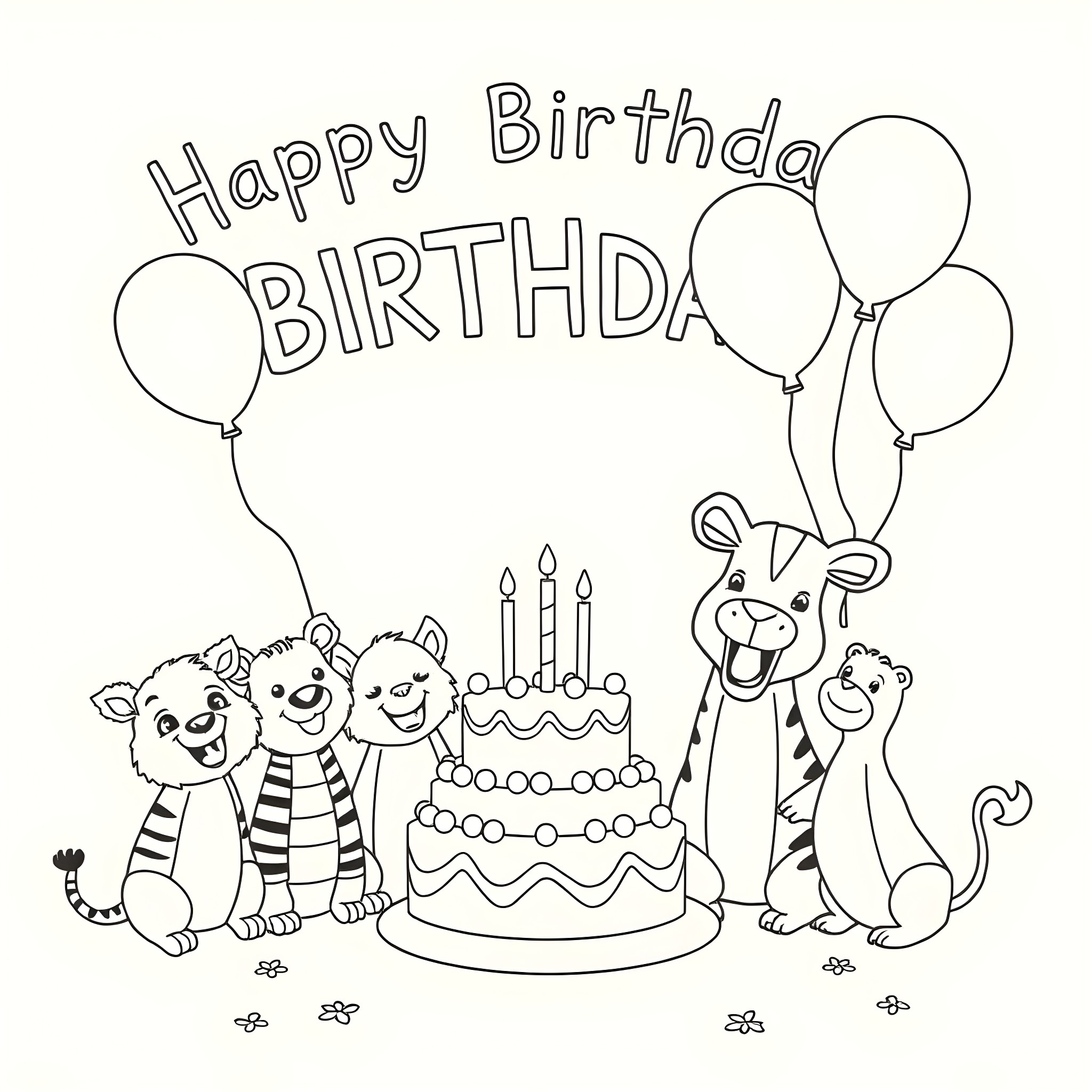 Zoo Animals Celebrating a Happy Birthday with Cake and Balloons Coloring Page (free black-and-white line drawing printable PDF for all, from beginners to advanced learners, including children, teens, adults, and seniors)