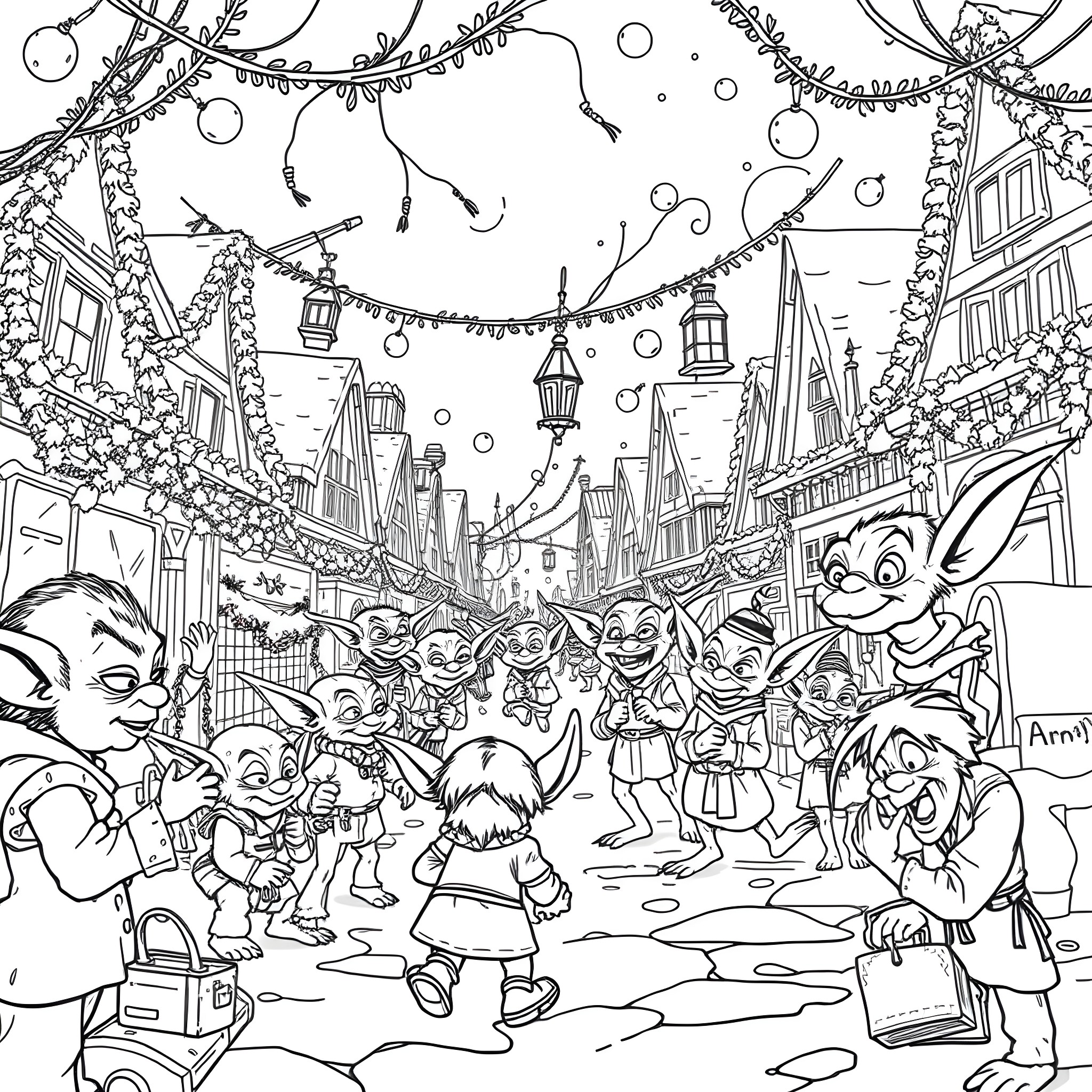 Gremlin's Mischievous Celebration in the Festive Town Coloring Page (free black-and-white line drawing printable PDF for all, from beginners to advanced learners, including children, teens, adults, and seniors)