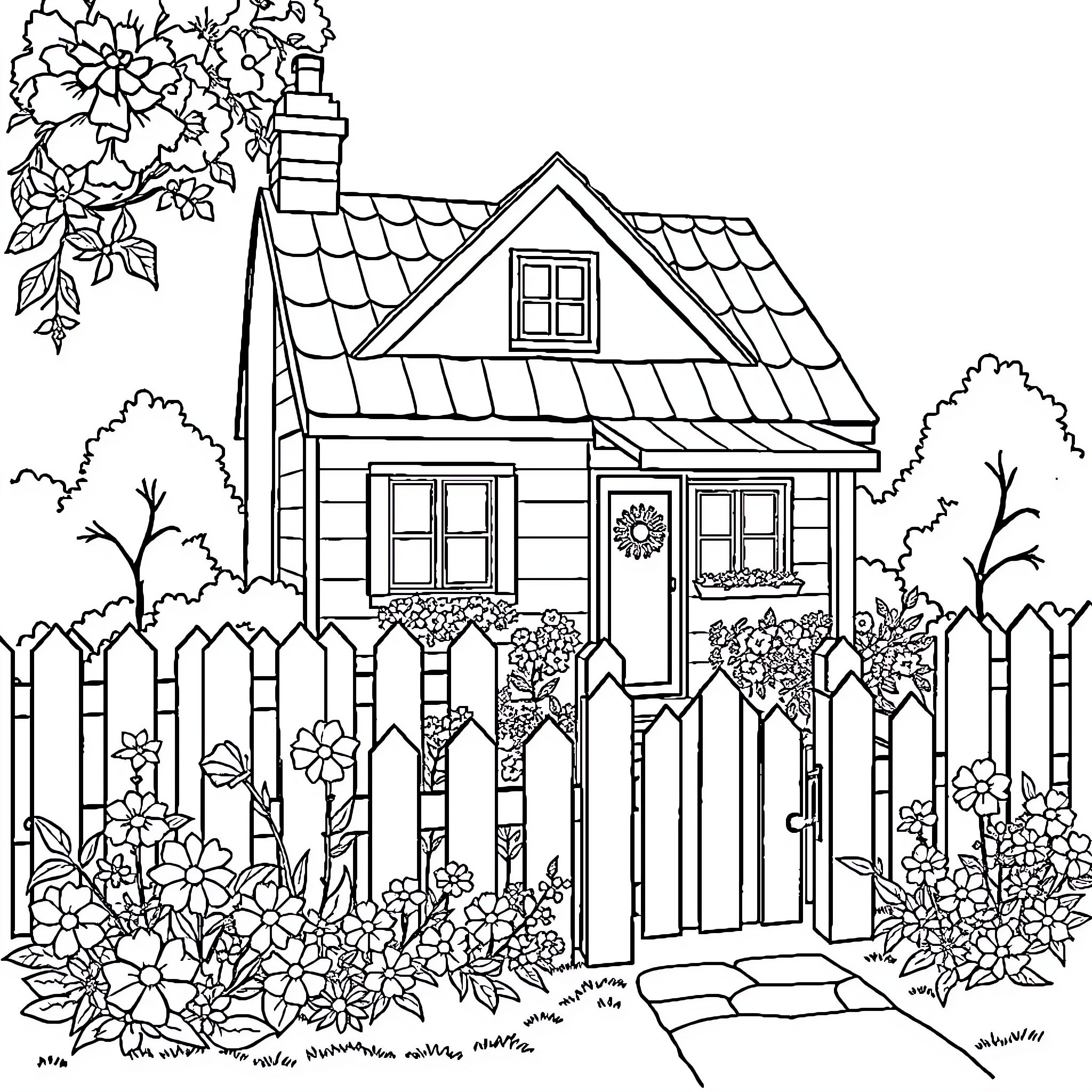House with a vibrant garden and flowers Coloring Page (free black-and-white line drawing printable PDF for all, from beginners to advanced learners, including children, teens, adults, and seniors)