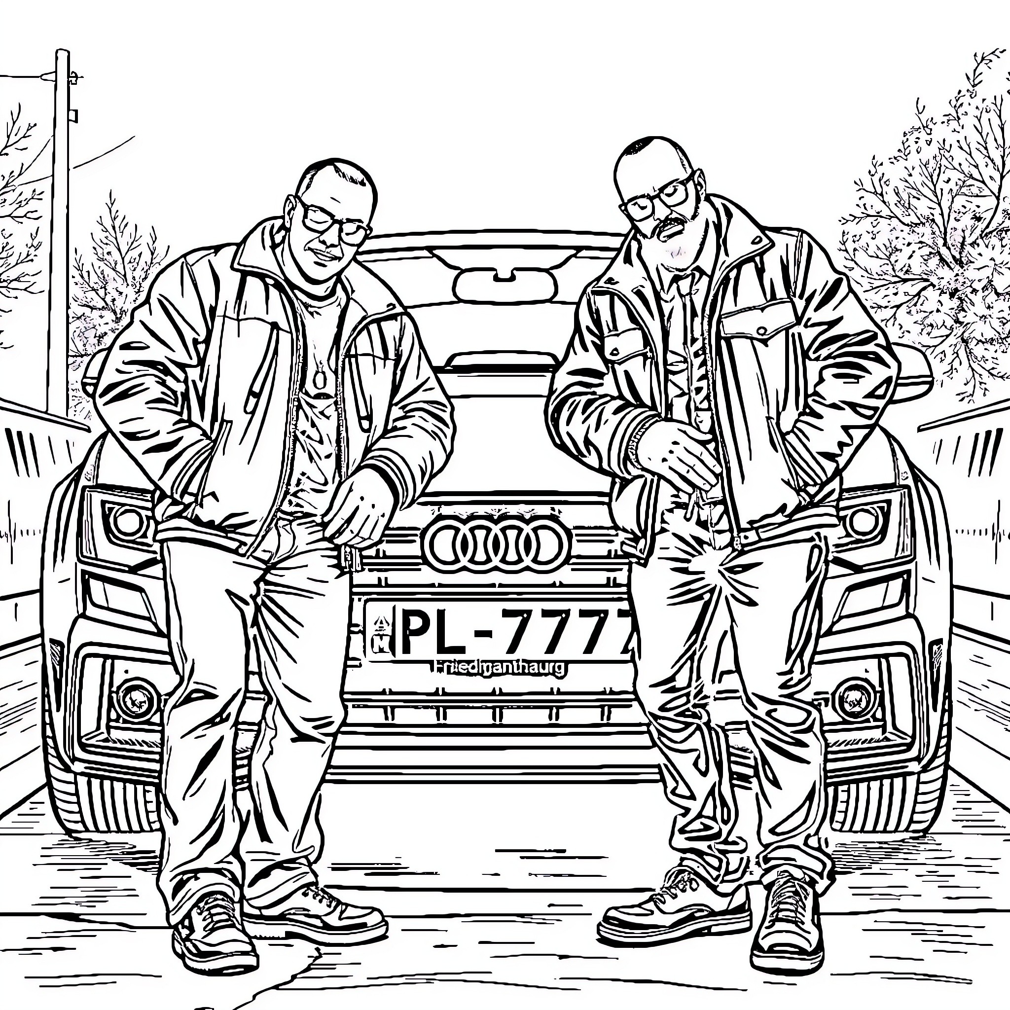 Gangster duo with sleek car and license plate Coloring Page (free black-and-white line drawing printable PDF for all, from beginners to advanced learners, including children, teens, adults, and seniors)