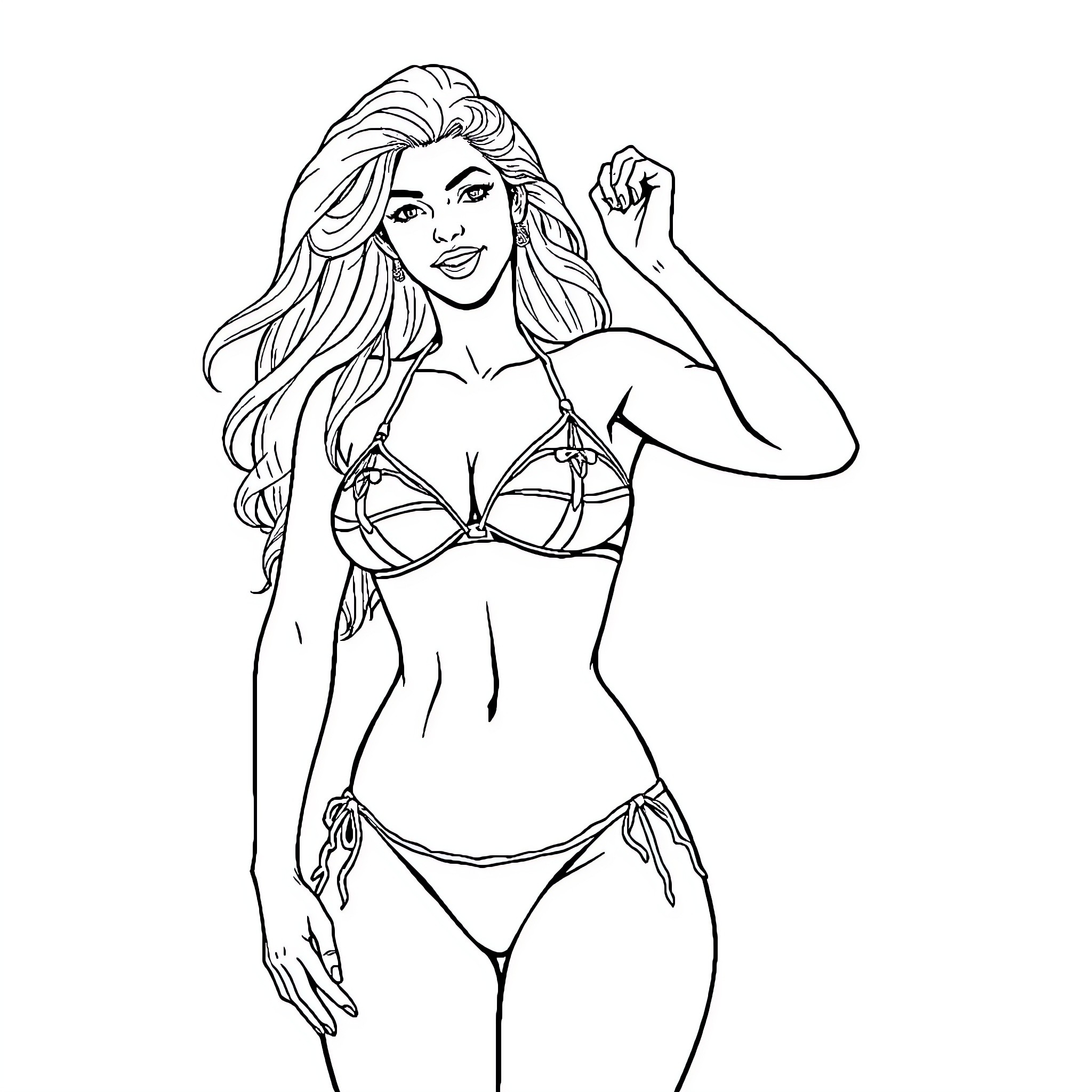 Wonder Woman Posing in Heroic Swimsuit Attire Coloring Page (free black-and-white line drawing printable PDF for all, from beginners to advanced learners, including children, teens, adults, and seniors)