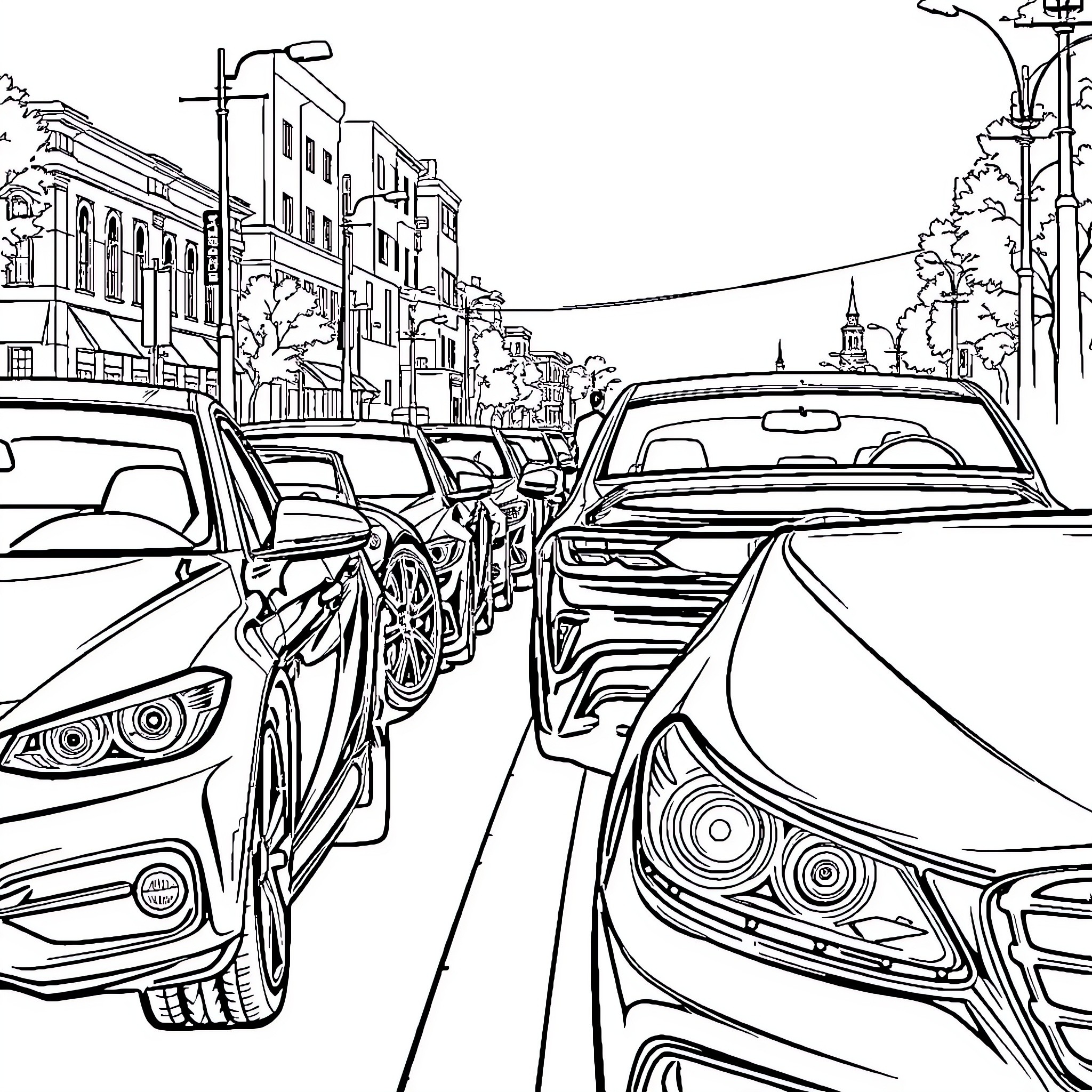 Cars stuck in traffic on a busy city street Coloring Page (free black-and-white line drawing printable PDF for all, from beginners to advanced learners, including children, teens, adults, and seniors)
