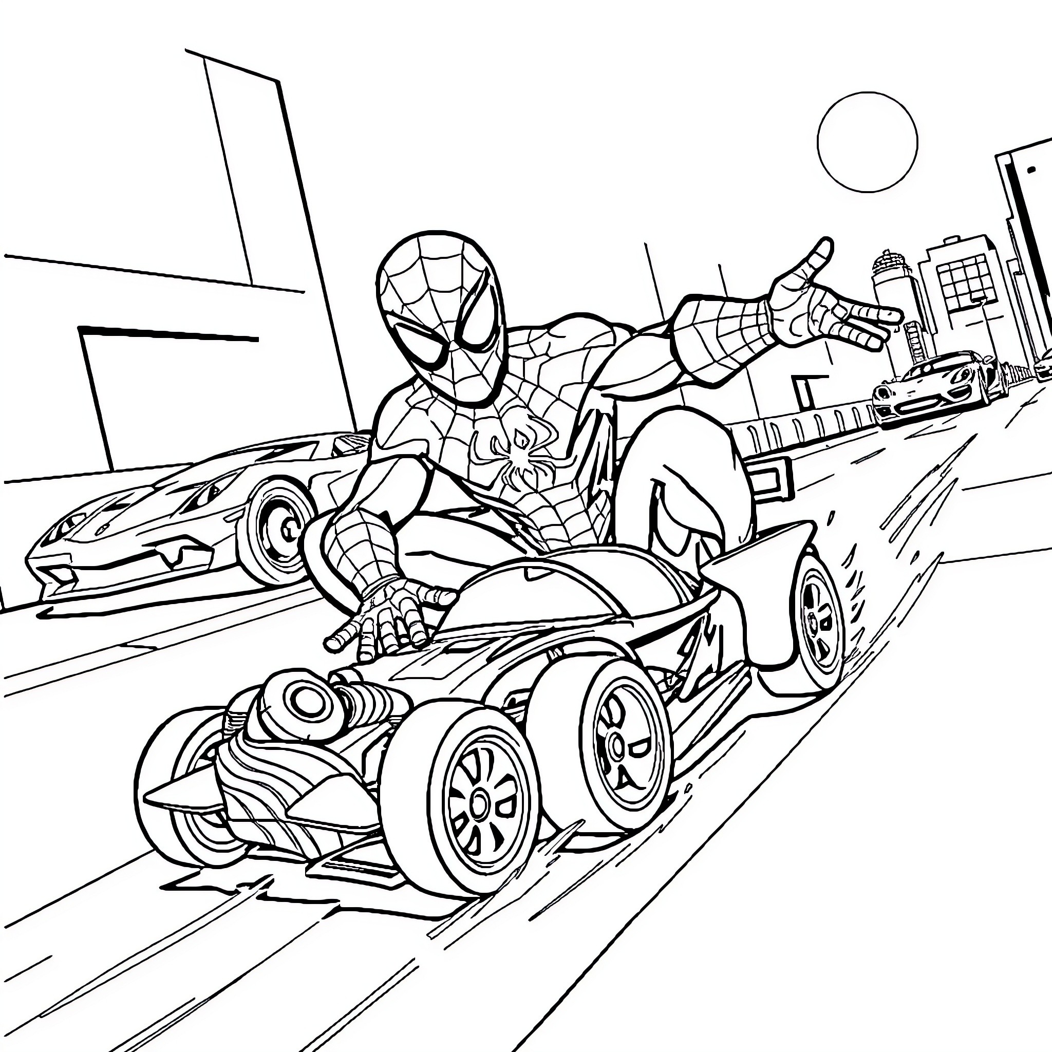 Spiderman in high-speed chase with sports car Coloring Page (free black-and-white line drawing printable PDF for all, from beginners to advanced learners, including children, teens, adults, and seniors)
