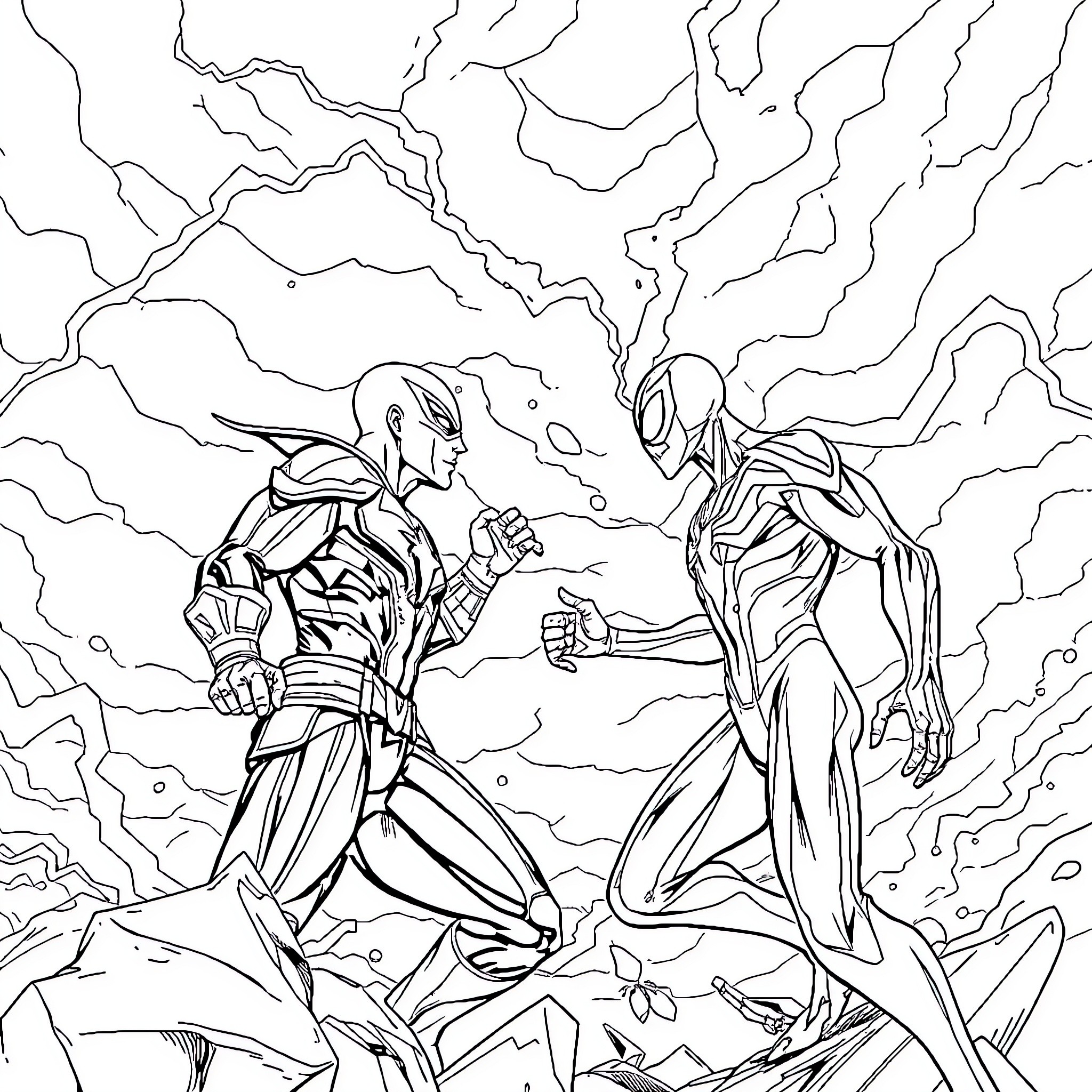 Captain Marvel in an Intense Battle with Spider-Man Coloring Page (free black-and-white line drawing printable PDF for all, from beginners to advanced learners, including children, teens, adults, and seniors)