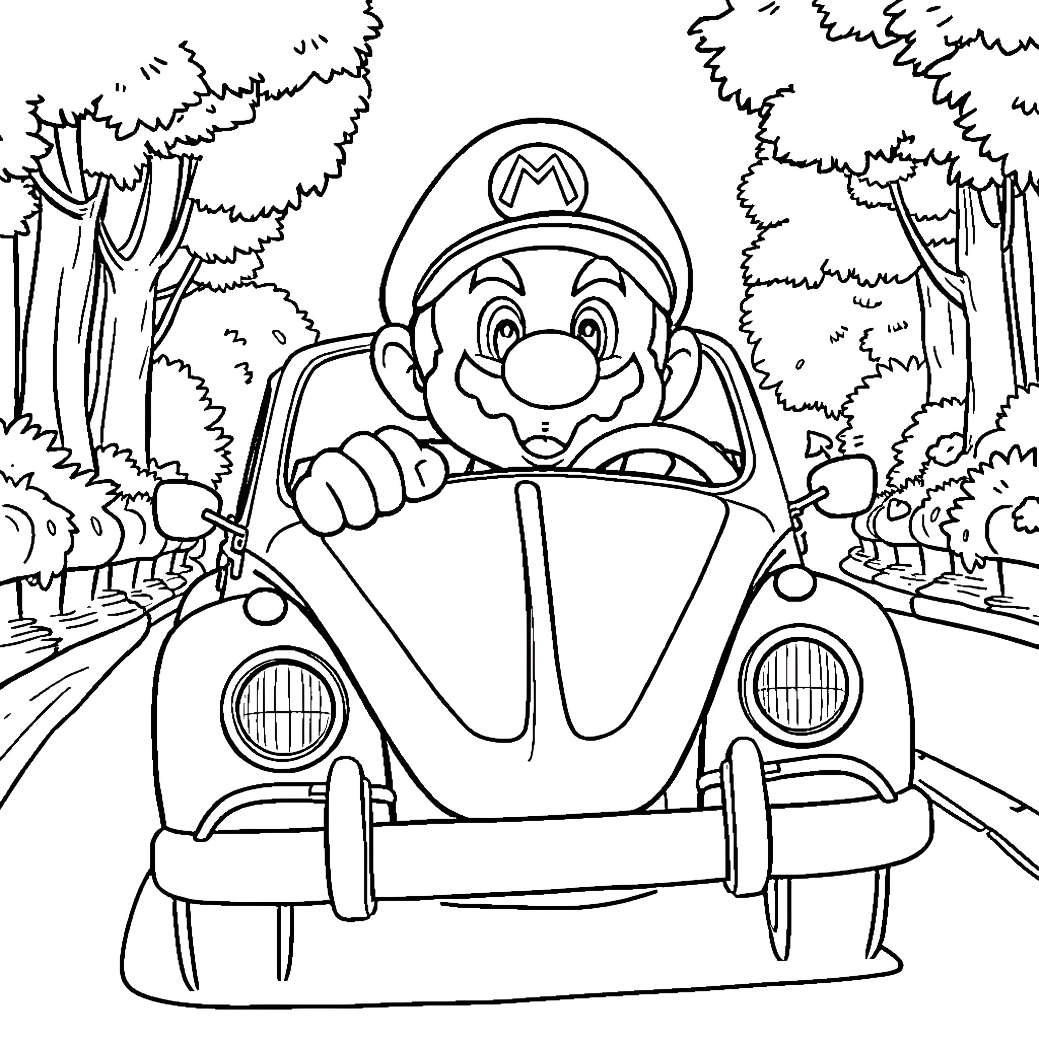 Mario driving a car through the forest Coloring Page (free black-and-white line drawing printable PDF for all, from beginners to advanced learners, including children, teens, adults, and seniors)