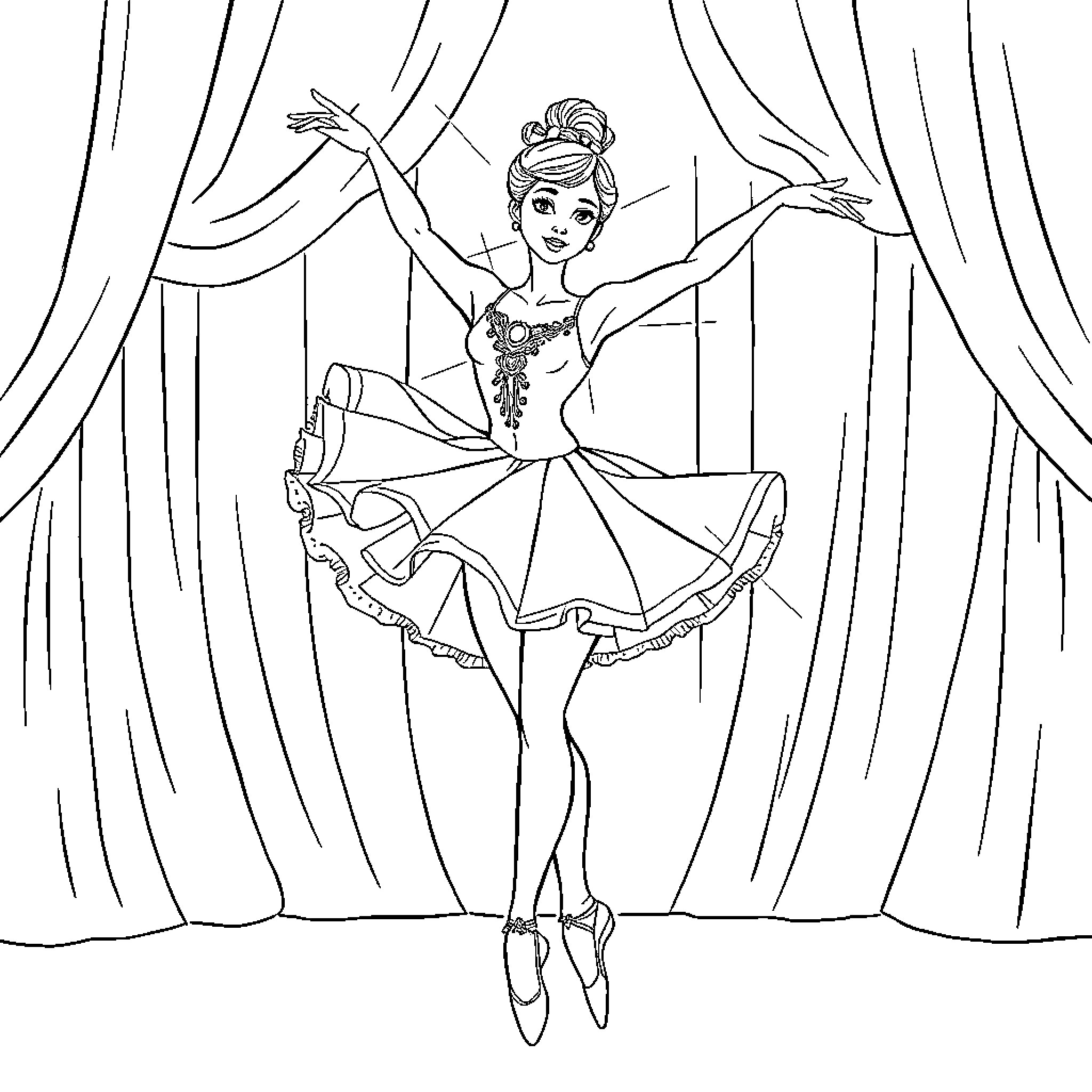 Ballerina performing gracefully on a stage with curtains Coloring Page (free black-and-white line drawing printable PDF for all, from beginners to advanced learners, including children, teens, adults, and seniors)