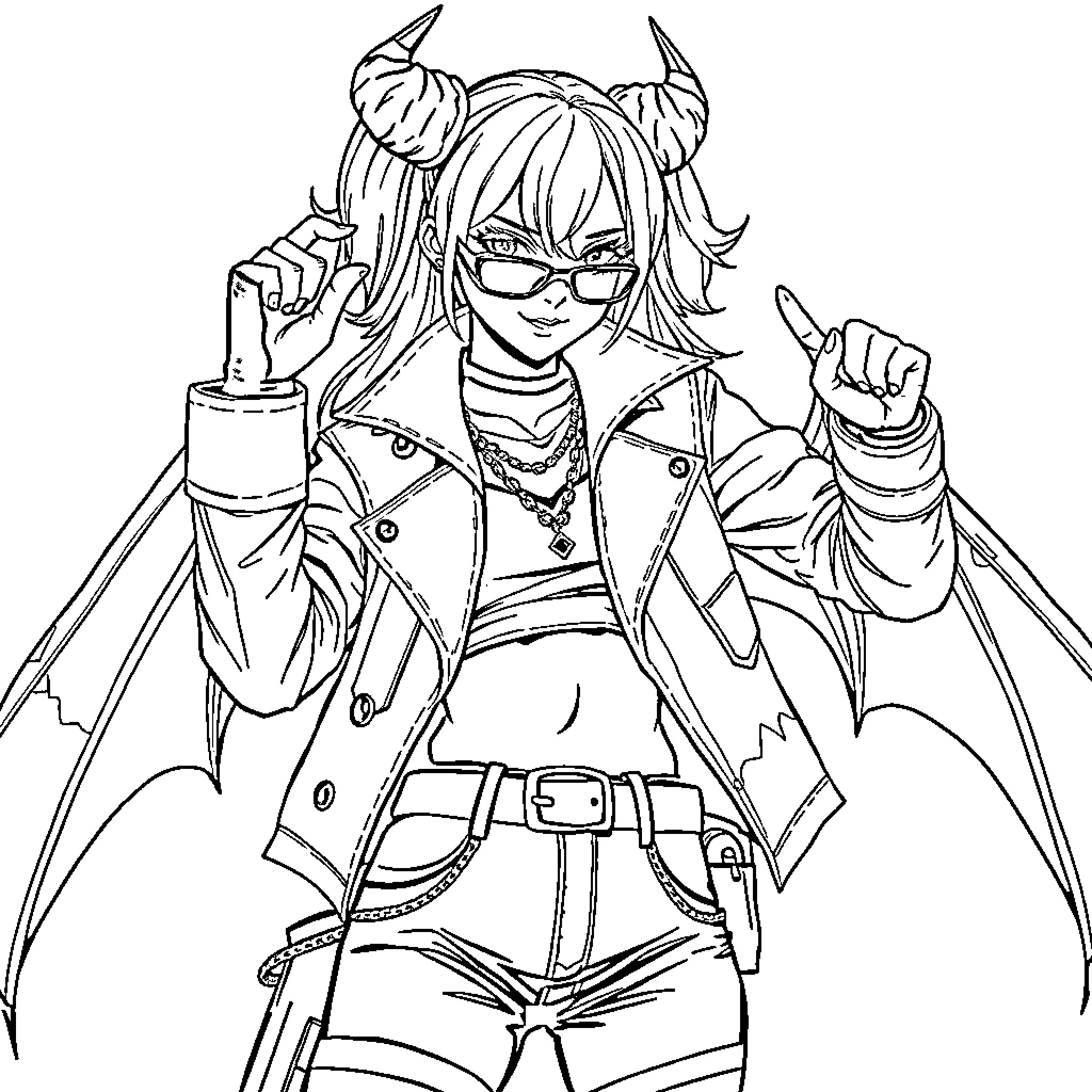 Huntrix Wields Fierce Power in Elaborate Outfit Coloring Page (free black-and-white line drawing printable PDF for all, from beginners to advanced learners, including children, teens, adults, and seniors)